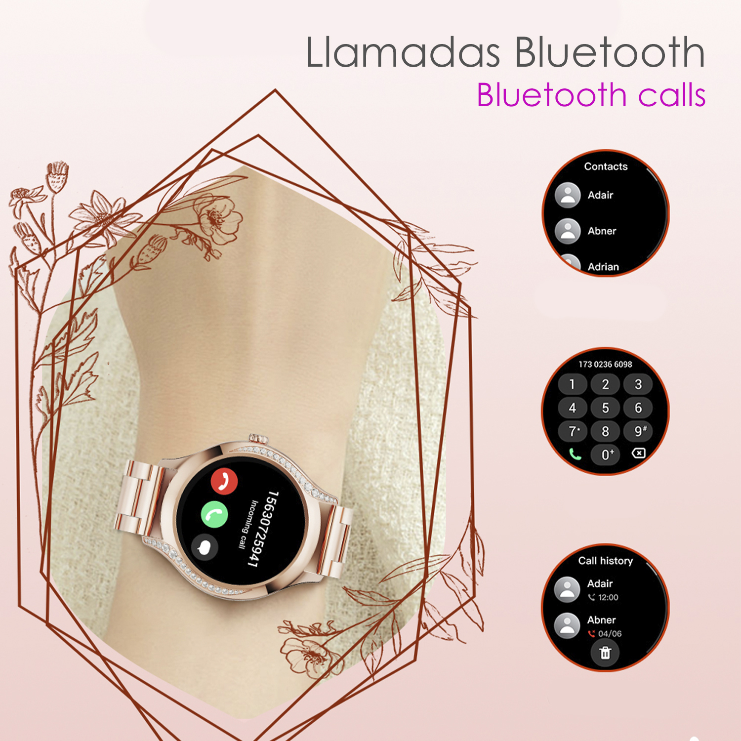 Smartwatch oro rosa al polso. Mostra una schermata di chiamata e la cronologia delle chiamate.