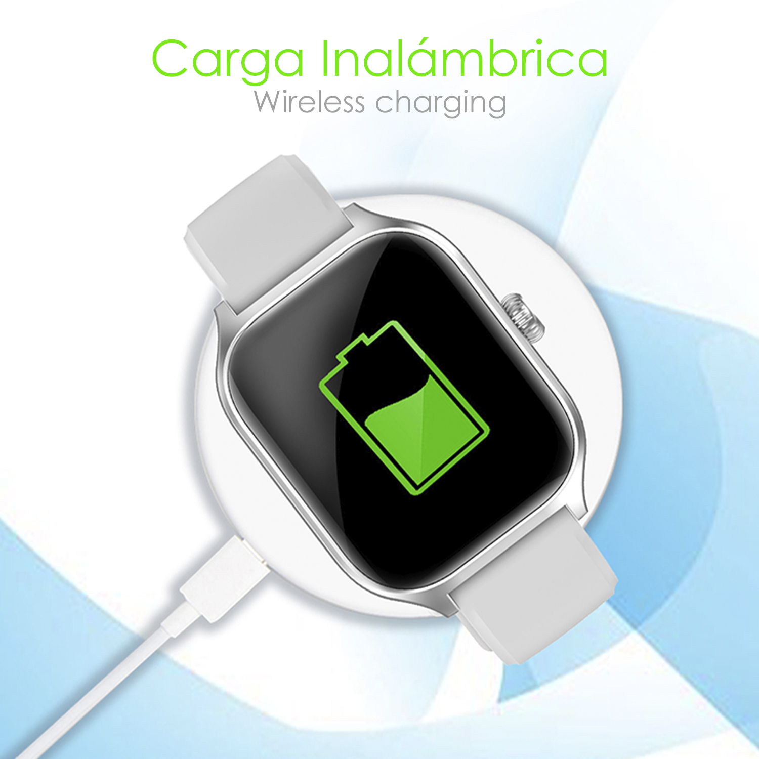 Smartwatch su caricatore wireless, schermo mostra la carica della batteria con testo 'Carica wireless'.