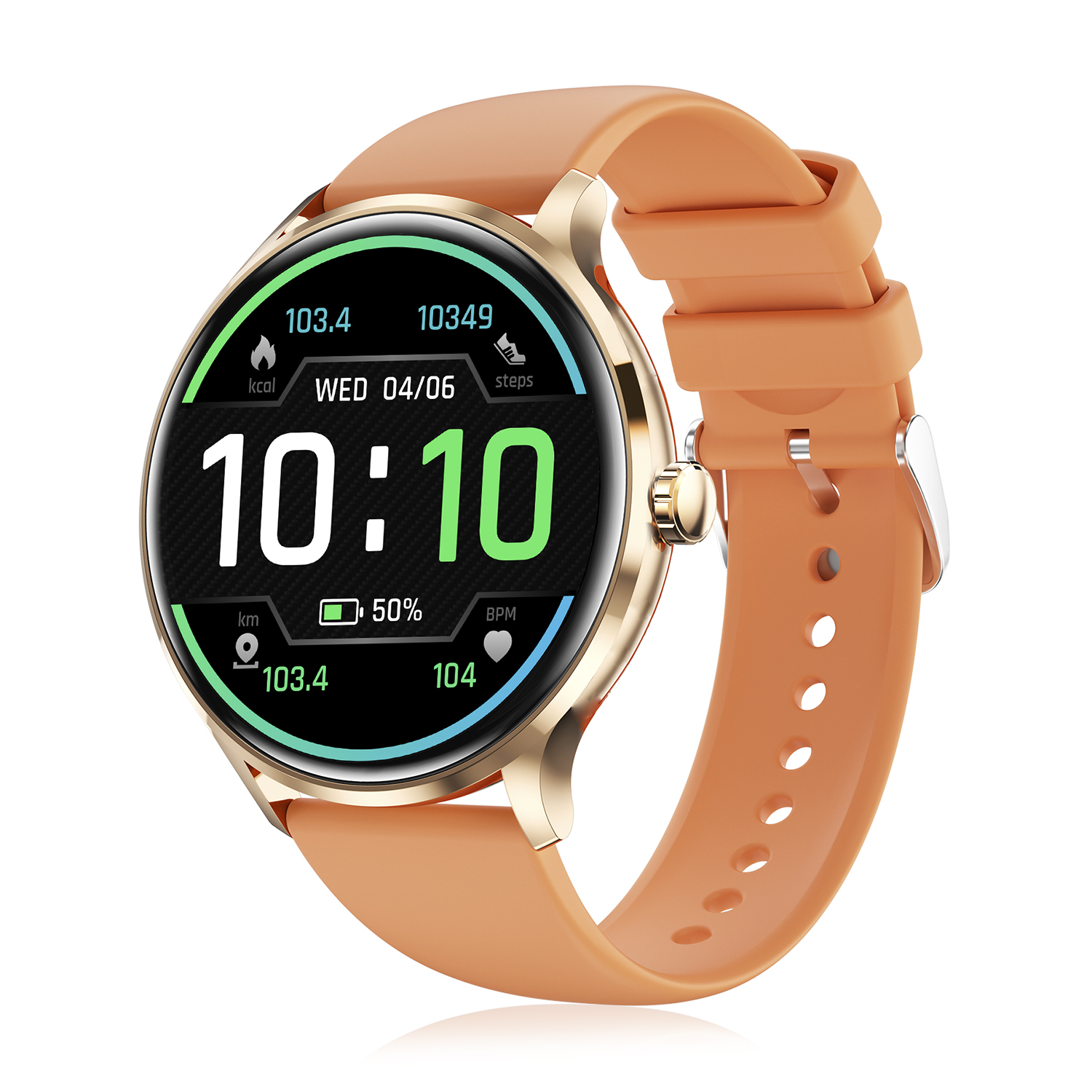 Uno smartwatch rotondo arancione mostra tempo, passi e statistiche. Ha un cinturino arancione.