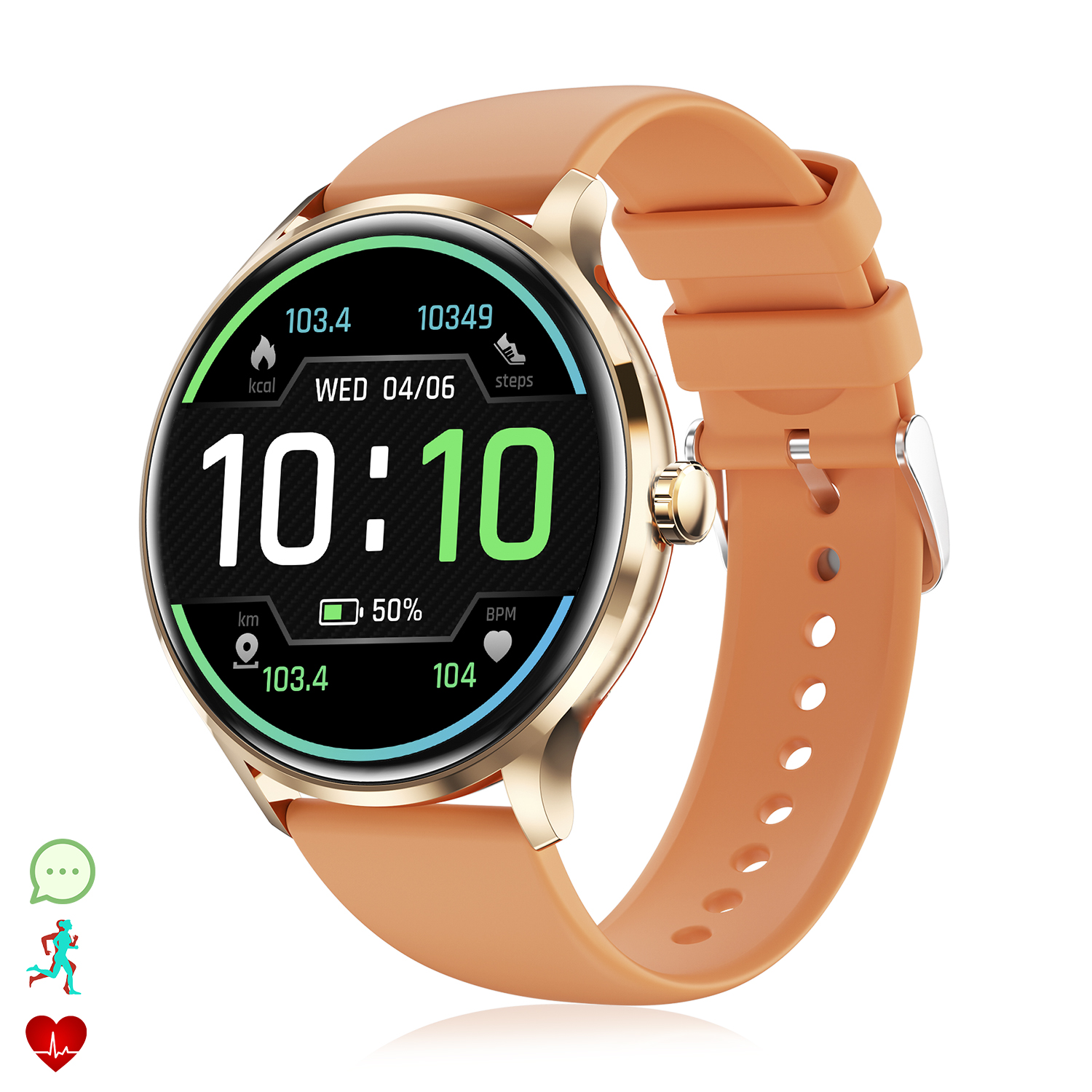 Smartwatch con cinturino arancione, mostra ora, data e metriche di attività.