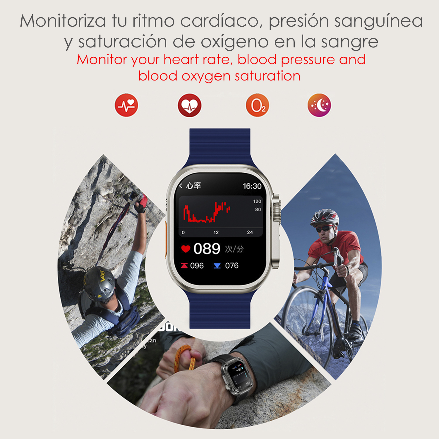 Uno smartwatch mostra dati di frequenza cardiaca, pressione sanguigna e saturazione di ossigeno, con immagini.