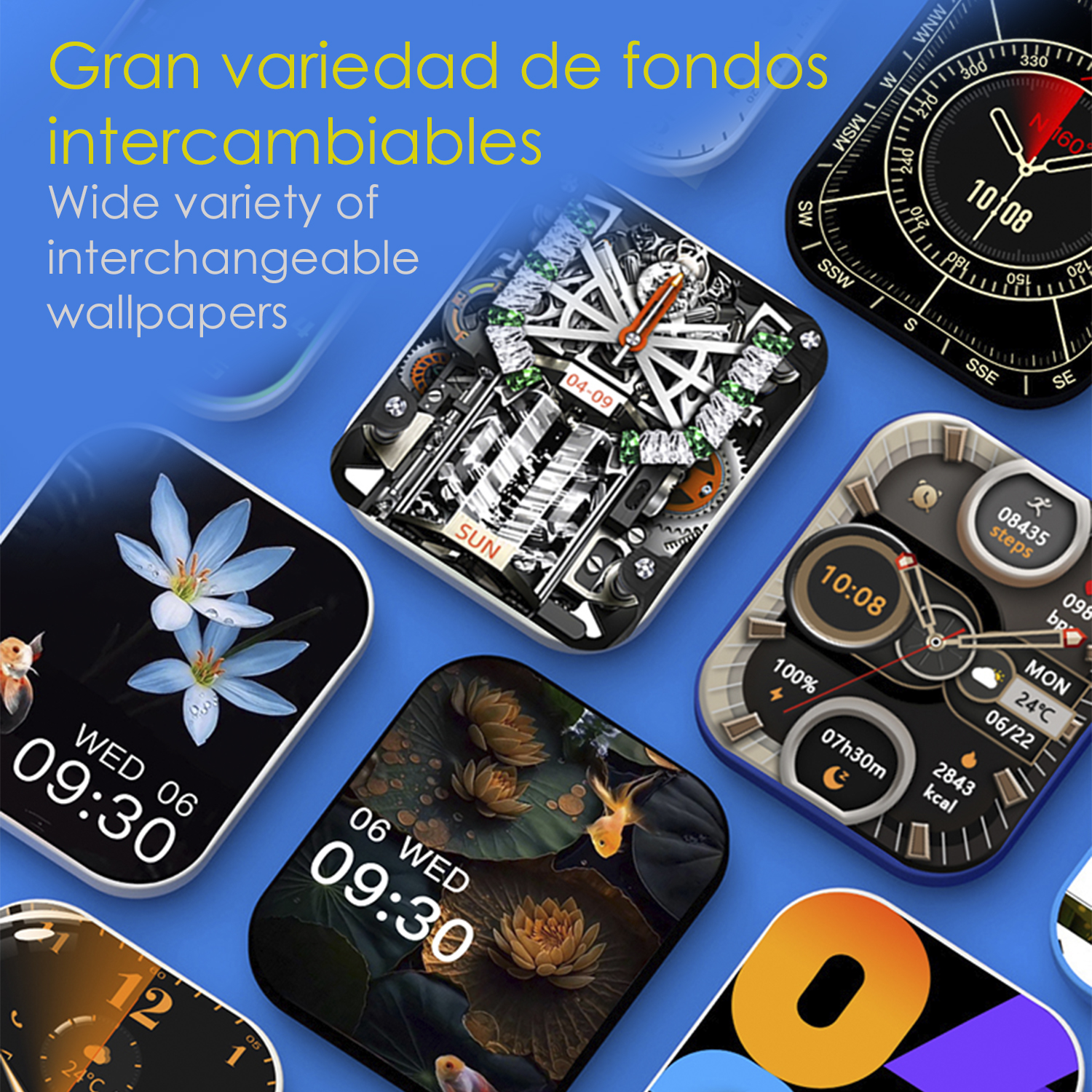 Varietà di schermi smartwatch con sfondi intercambiabili e testo.