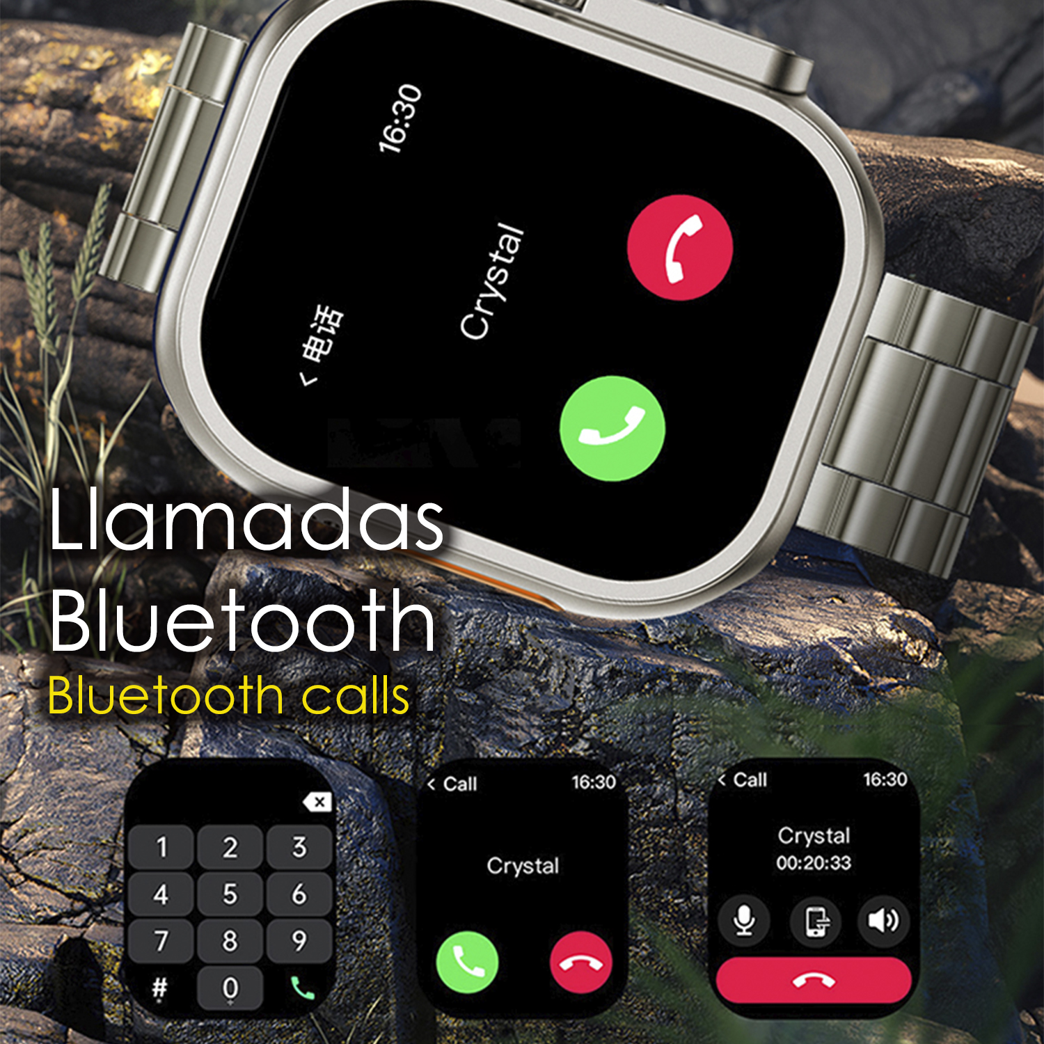 Smartwatch mostra schermata di chiamata. Tastierino numerico, pulsanti telefono visibili. Esterno.