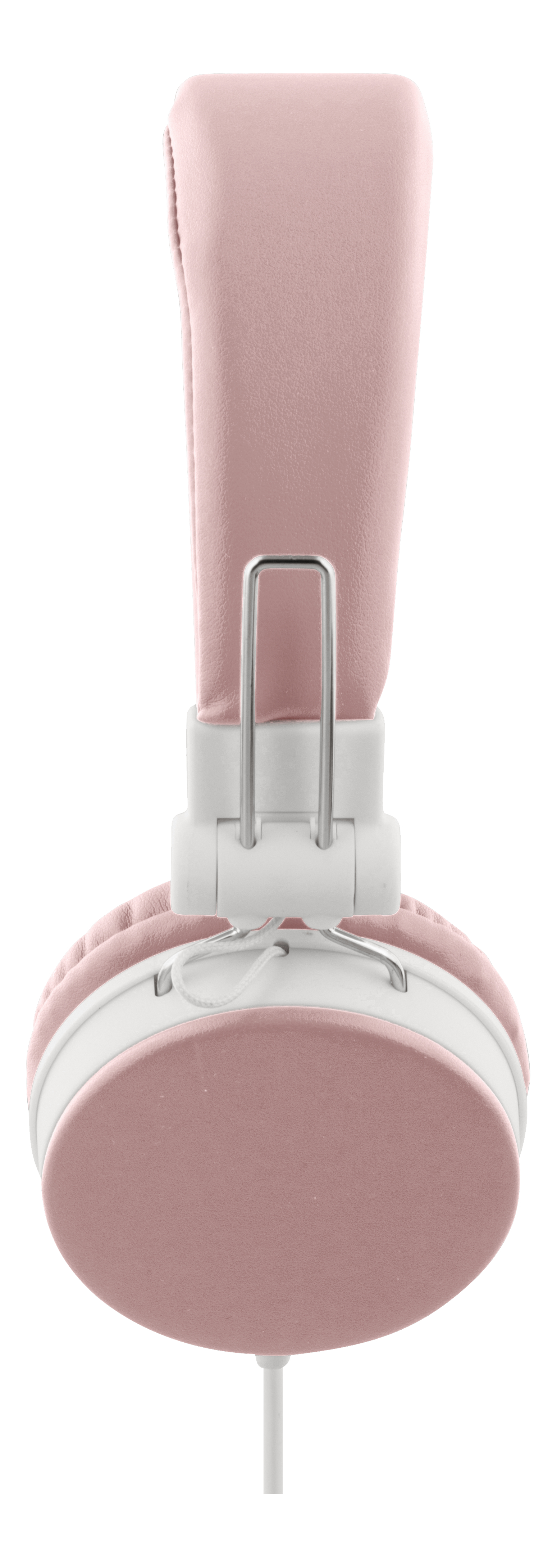 Pink and white headphones. The headband is white and the earcups are pink.