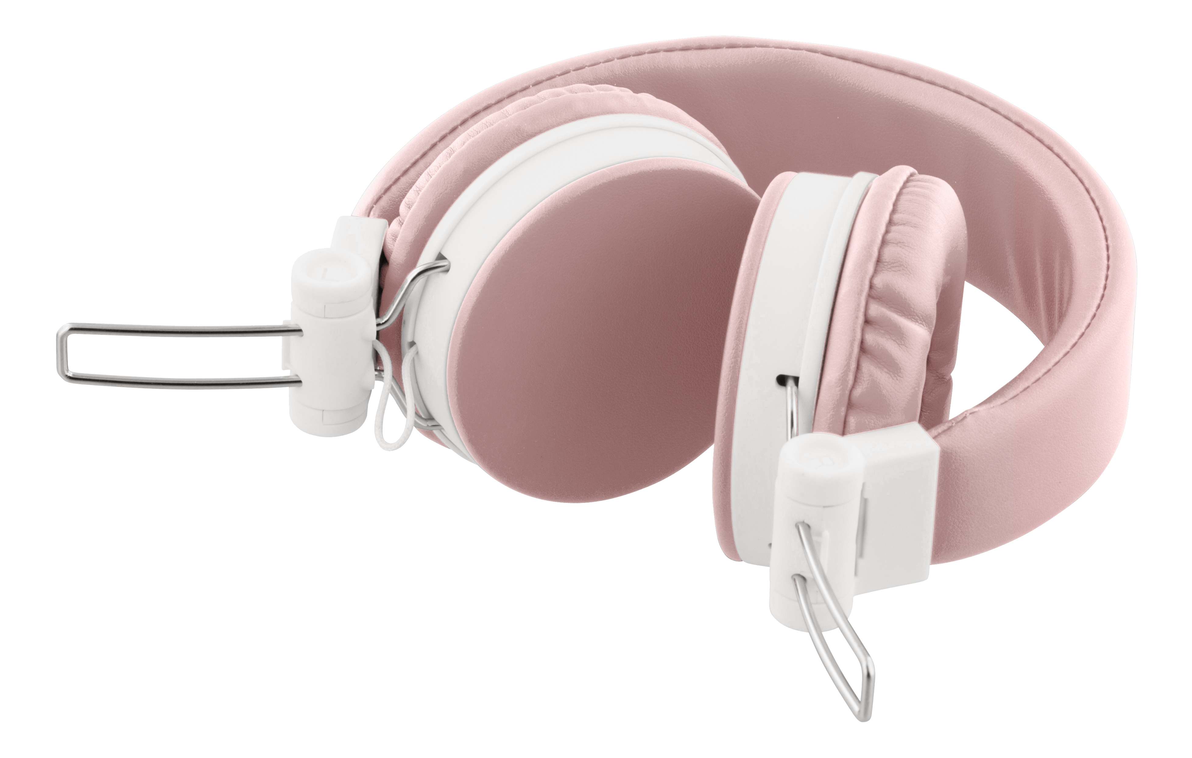 Pink and white headphones. The headphones are folded and ready to be stored.