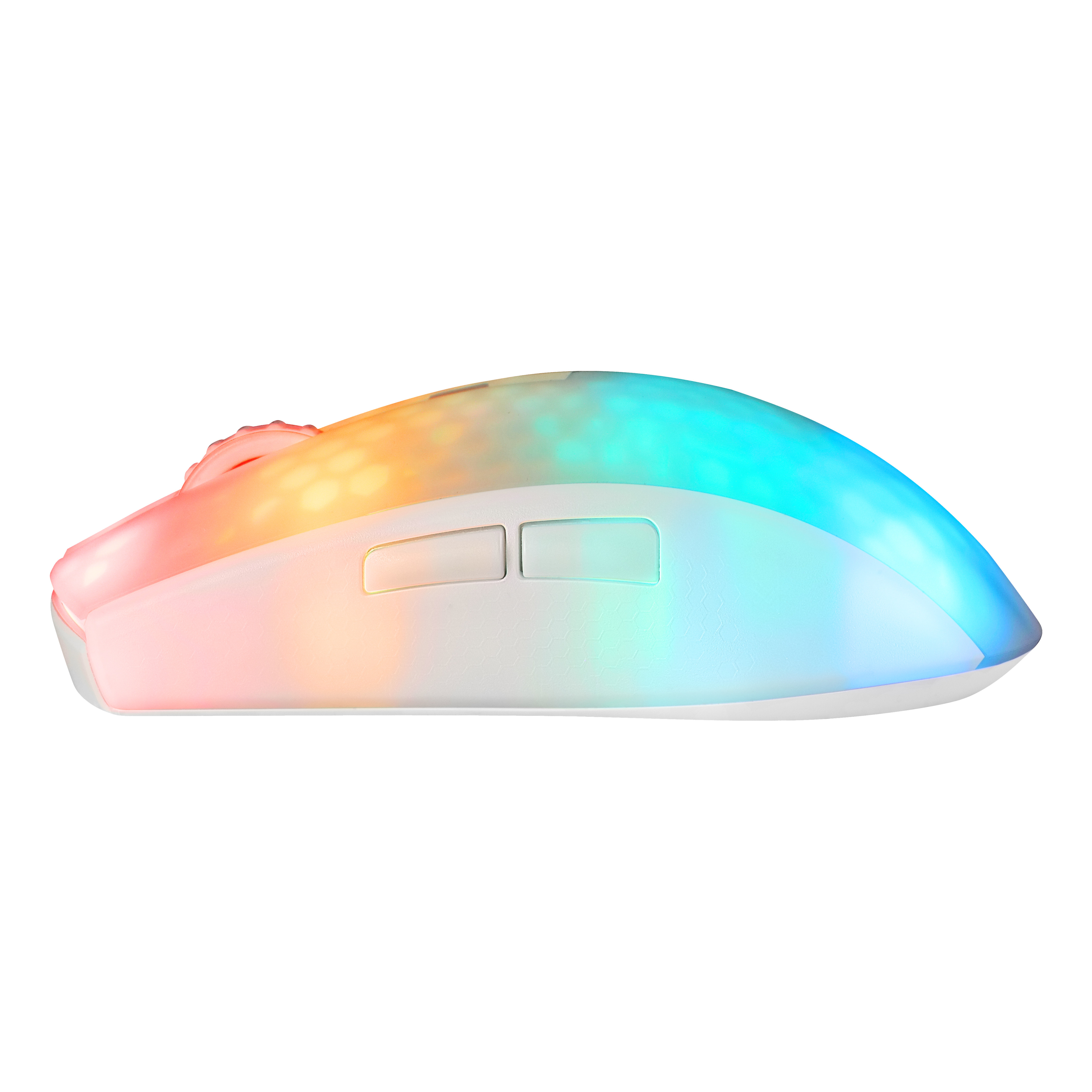 Biała mysz do gier z kolorowymi światłami LED, widok z boku, na białym tle.