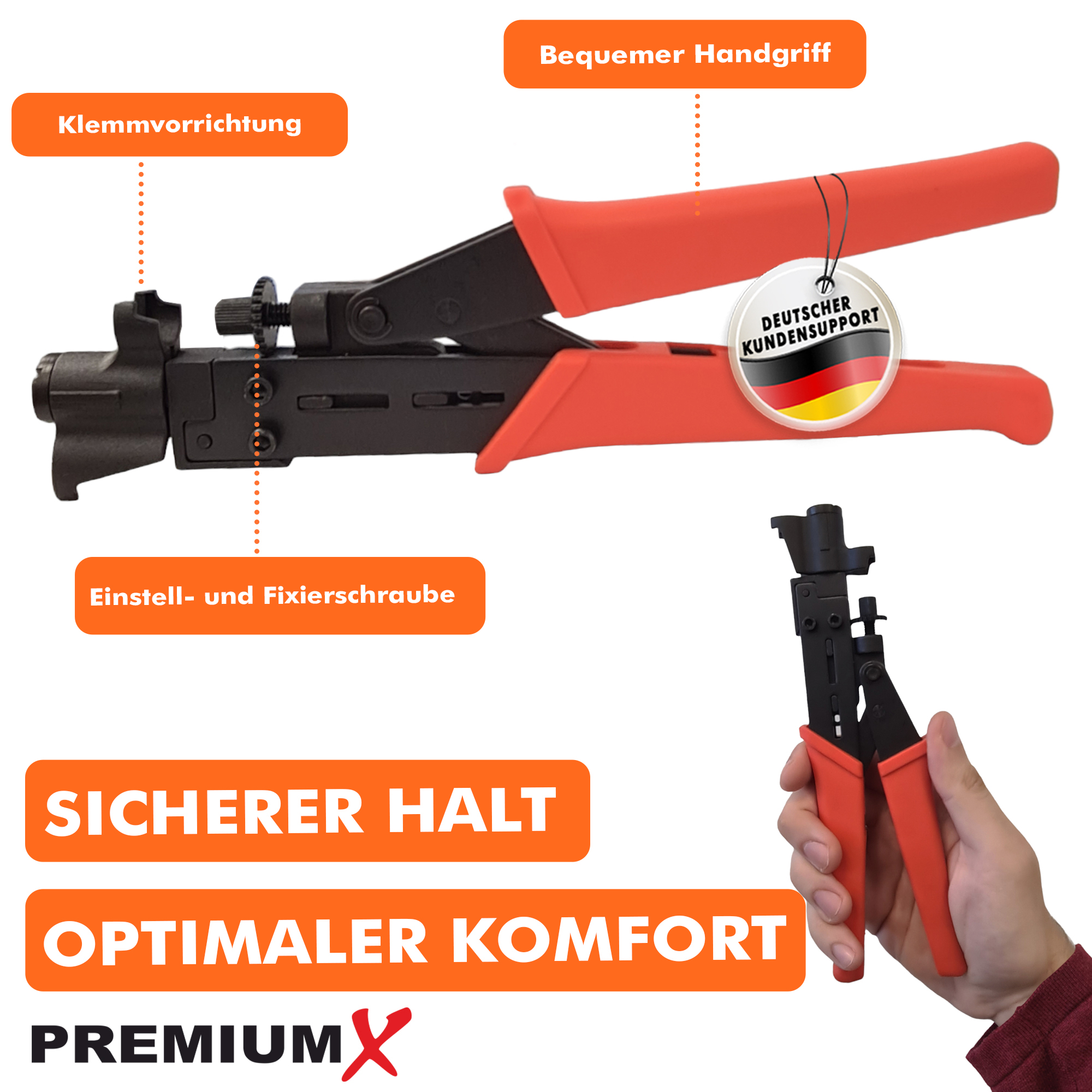 Crimpzange mit roten Griffen. Text: Sicherer Halt, Optimaler Komfort, Premium X.