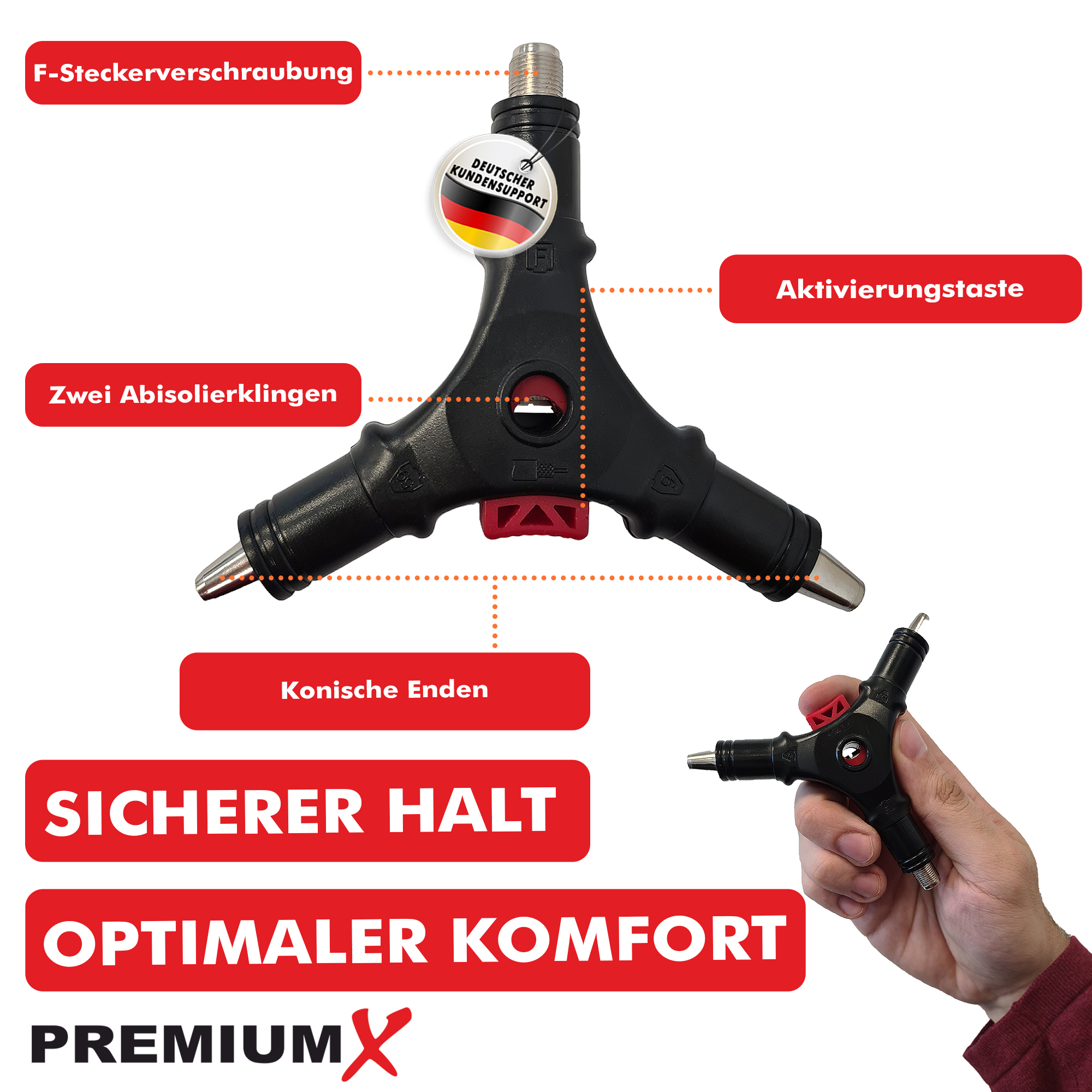 Werkzeug mit mehreren Funktionen. Schwarz-rotes Farbschema mit Beschriftungen und Text.