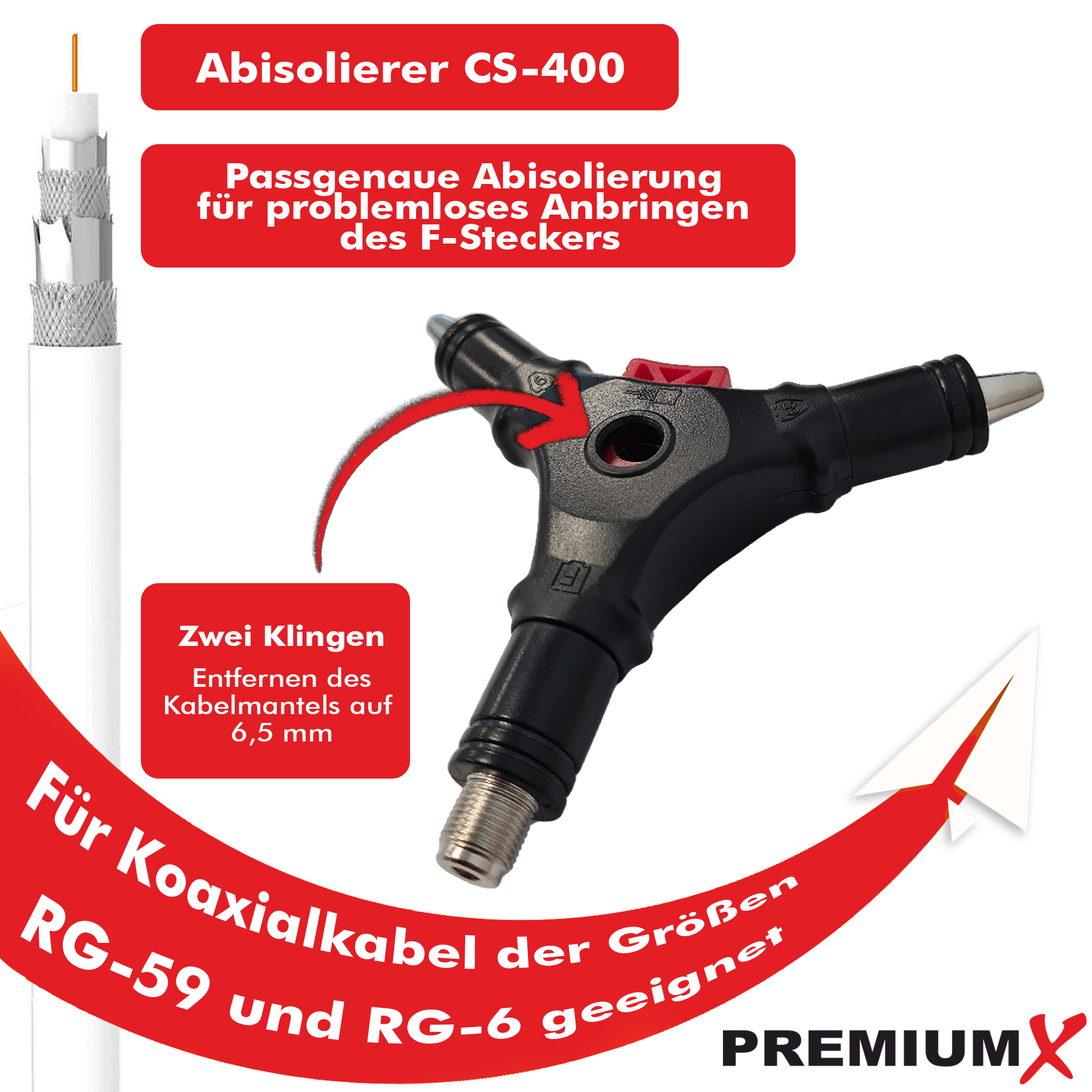 Ein Werkzeug mit Textetiketten wird gezeigt. Text sagt: 'Für Koaxialkabel der Größen RG-59 und RG-6'.