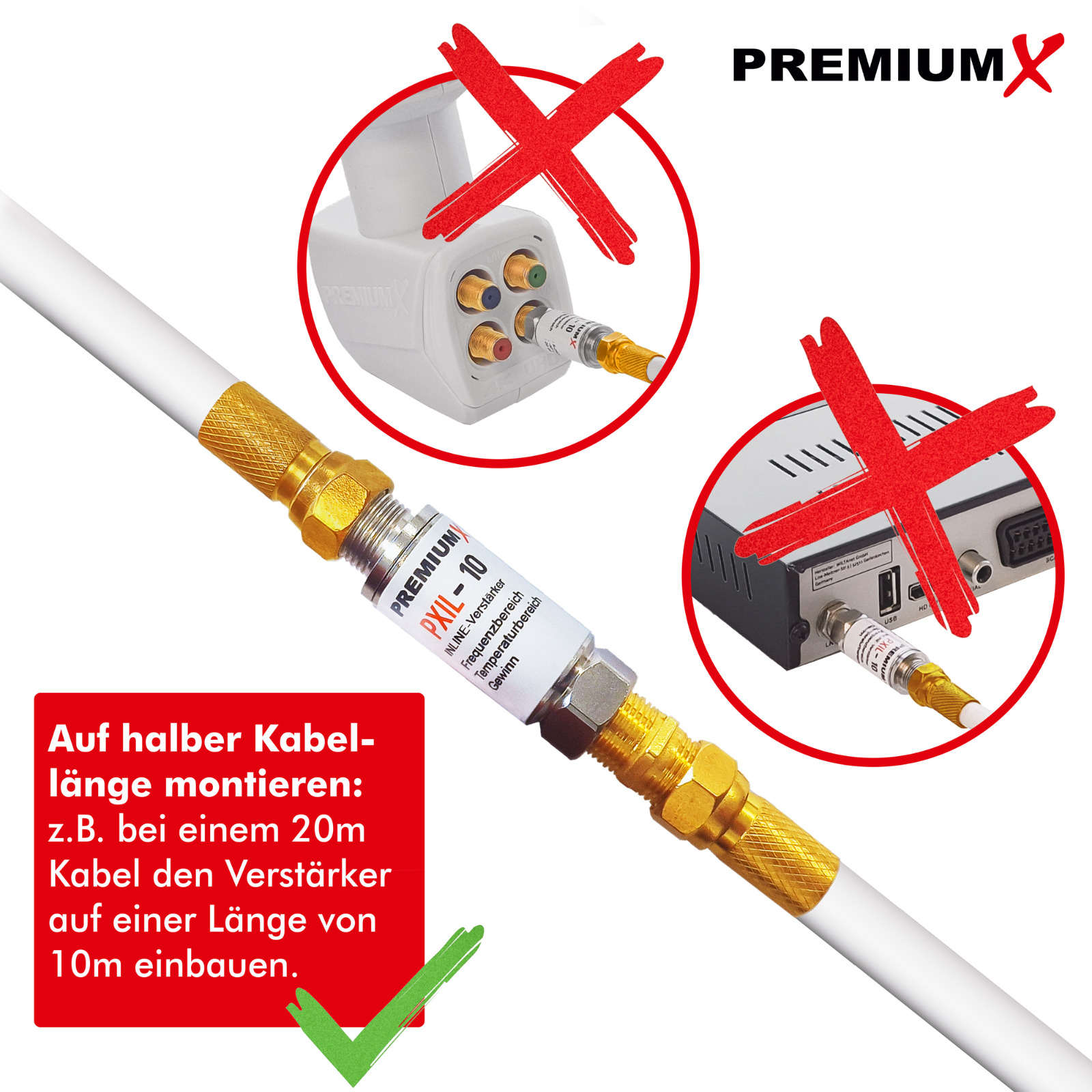 Ein Kabel mit einem Verstärker. Der Text lautet: 'Auf halber Kabellänge montieren'.
