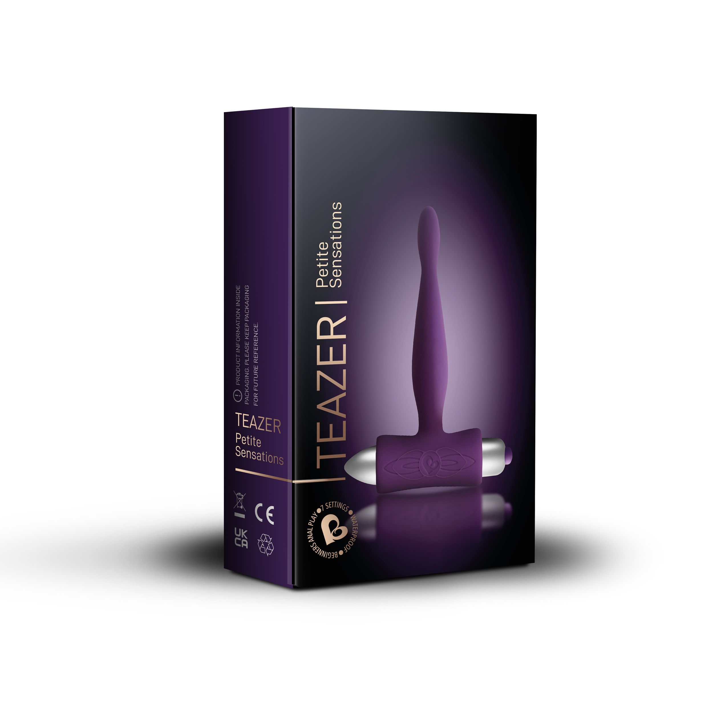 Ein lila Vibrator in einer Box mit Text. Die Box ist überwiegend schwarz mit einem lila Farbton.