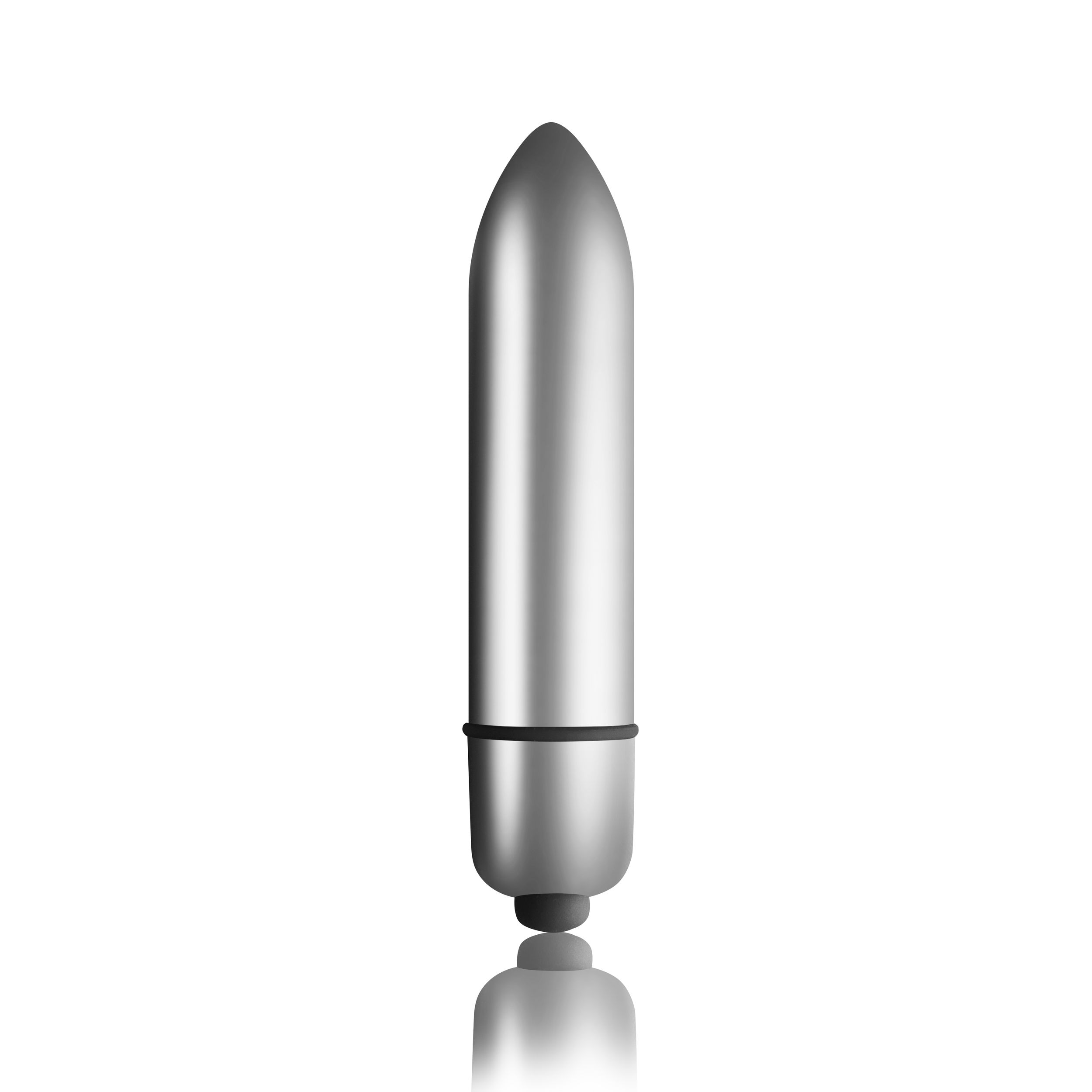 Silberfarbener Vibrator. Zylindrische Form mit abgerundeter Spitze und kleiner schwarzer Basis.