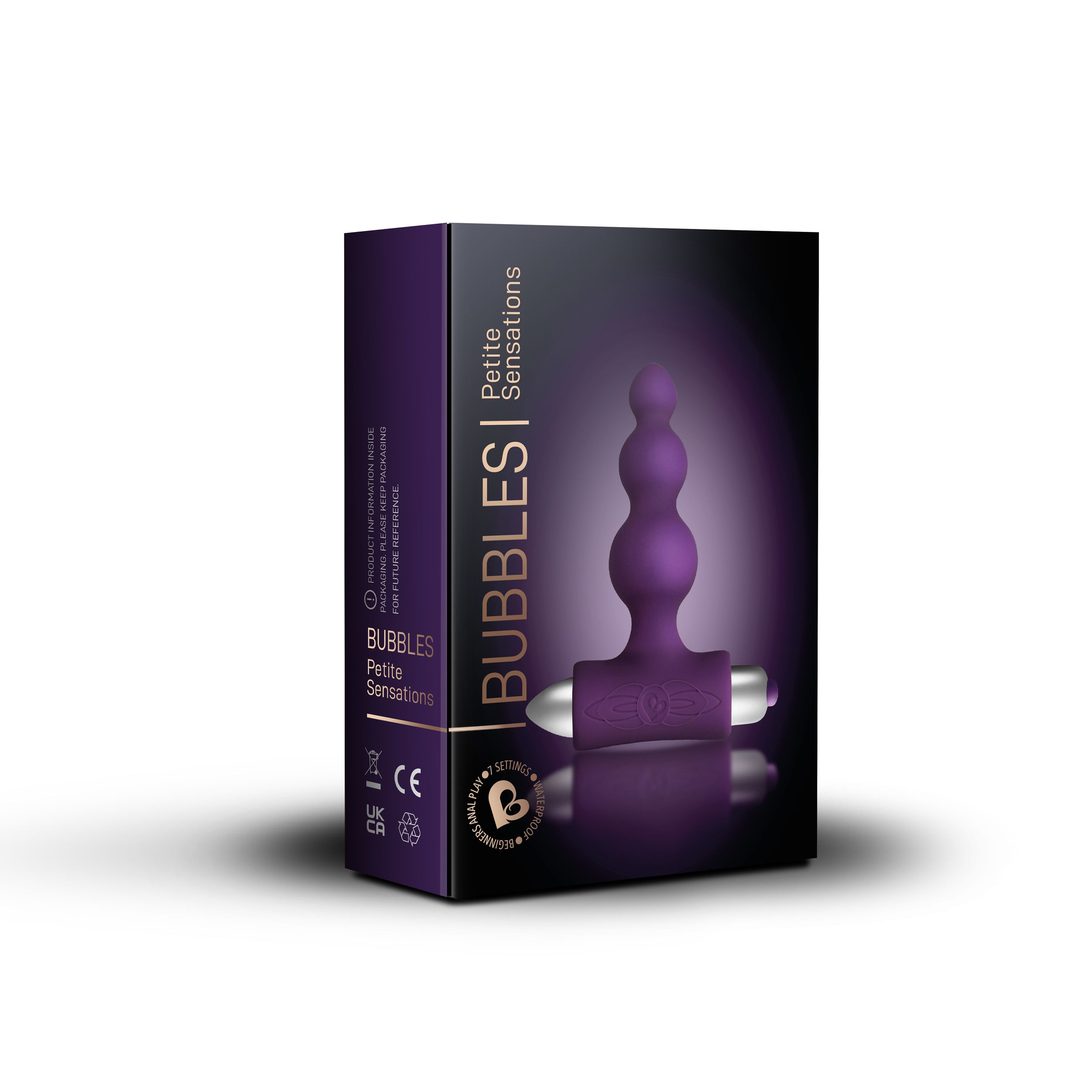 Eine Produktbox für ein Sexspielzeug, lila, mit Produktname und Marke.