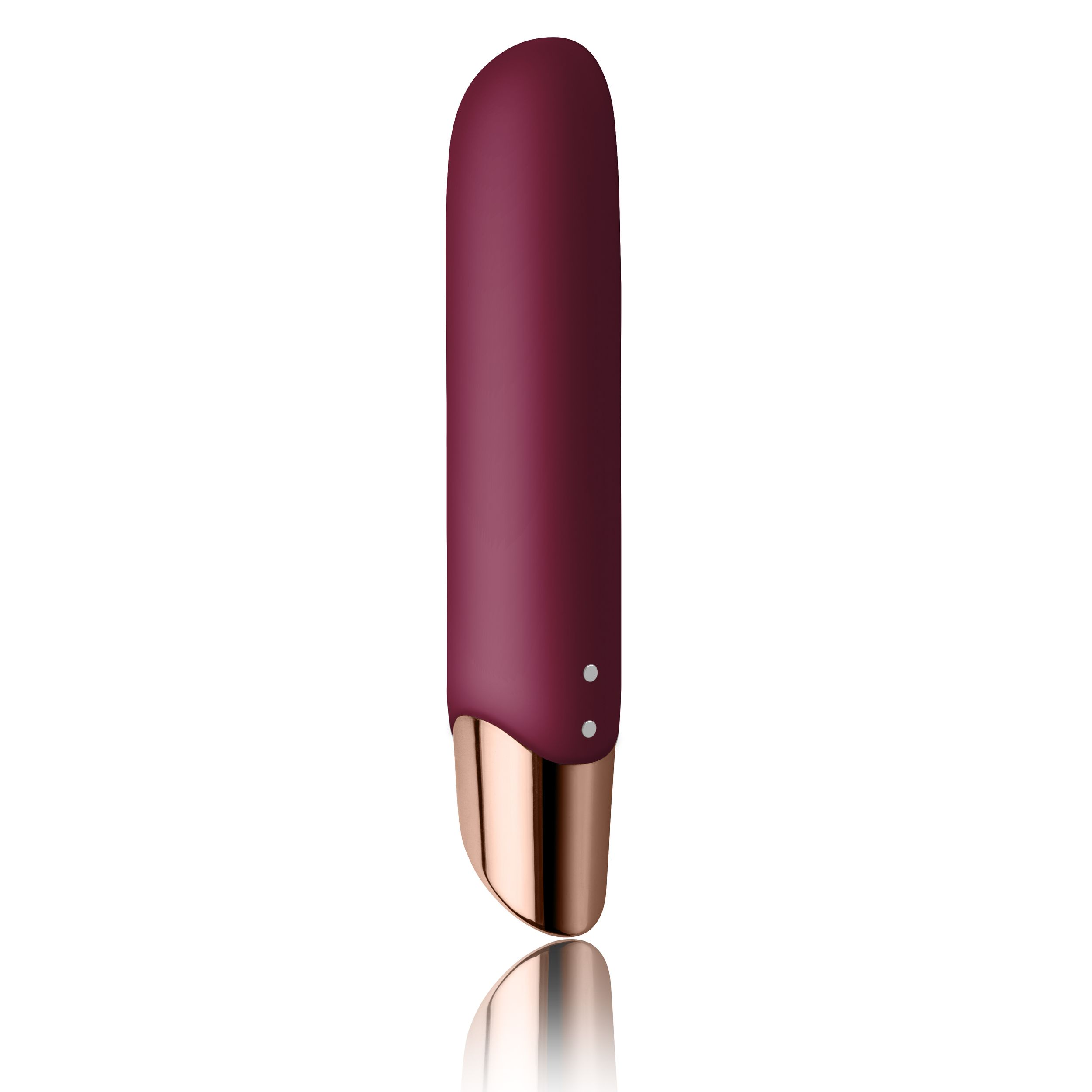 Ein rot-violetter Vibrator mit goldfarbenem Sockel und zwei weißen Knöpfen.