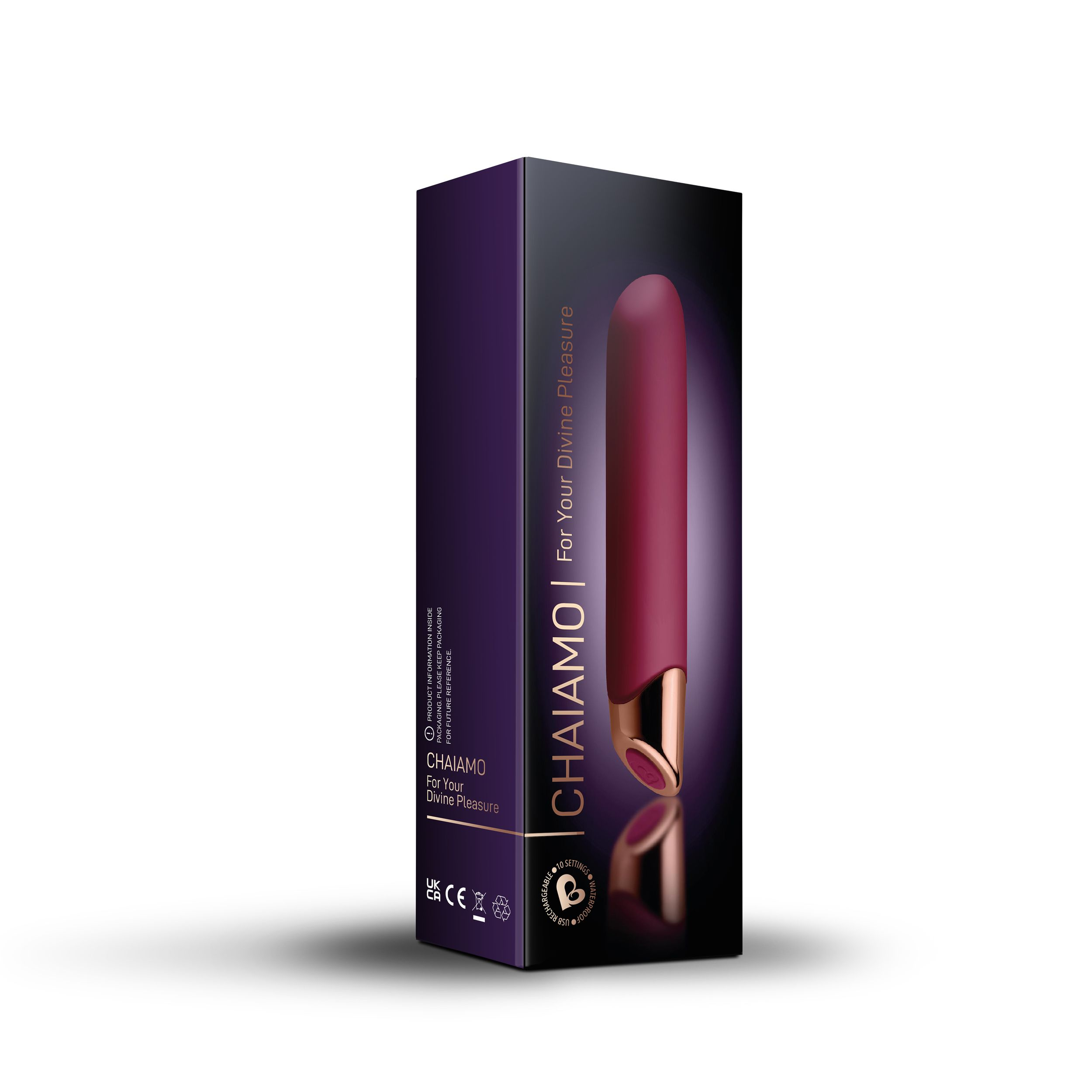 Box mit Sexspielzeugbild. Lila und Gold Design. Weißer Hintergrund.