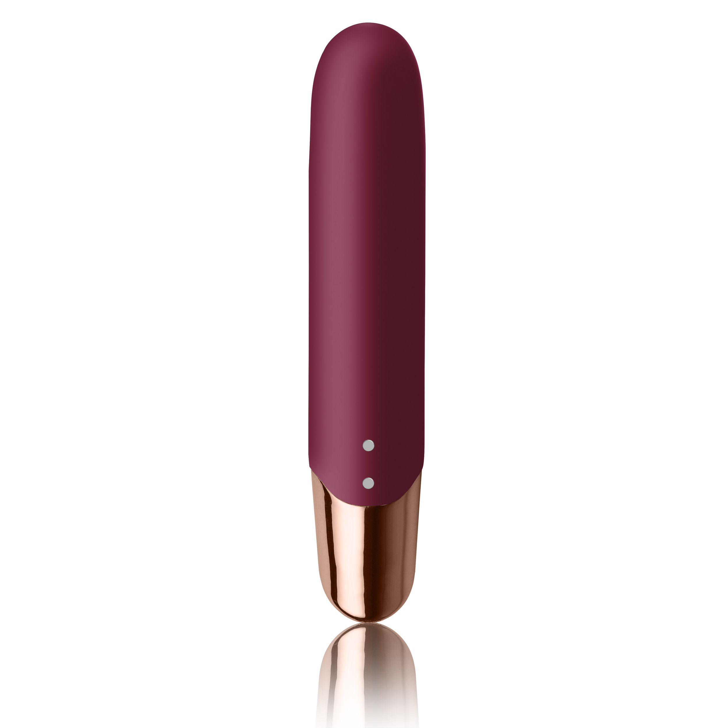 Burgunderfarbener Vibrator mit goldfarbener Basis, auf weißer Oberfläche.