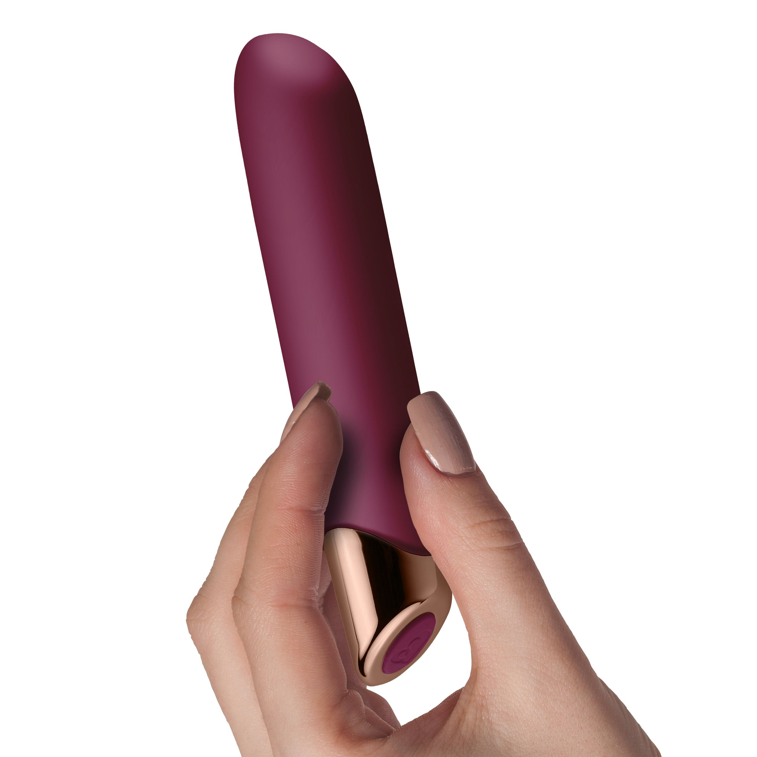 Eine Hand, die einen dunkelvioletten Vibrator mit goldfarbenem Sockel hält.