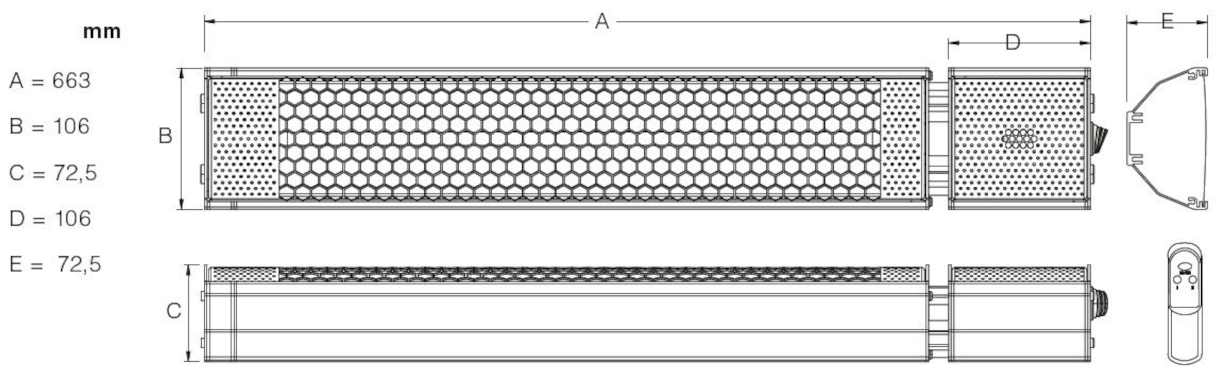 Technische Zeichnung einer Leuchte mit Maßen, mit Gitterdesign und Fernbedienung.