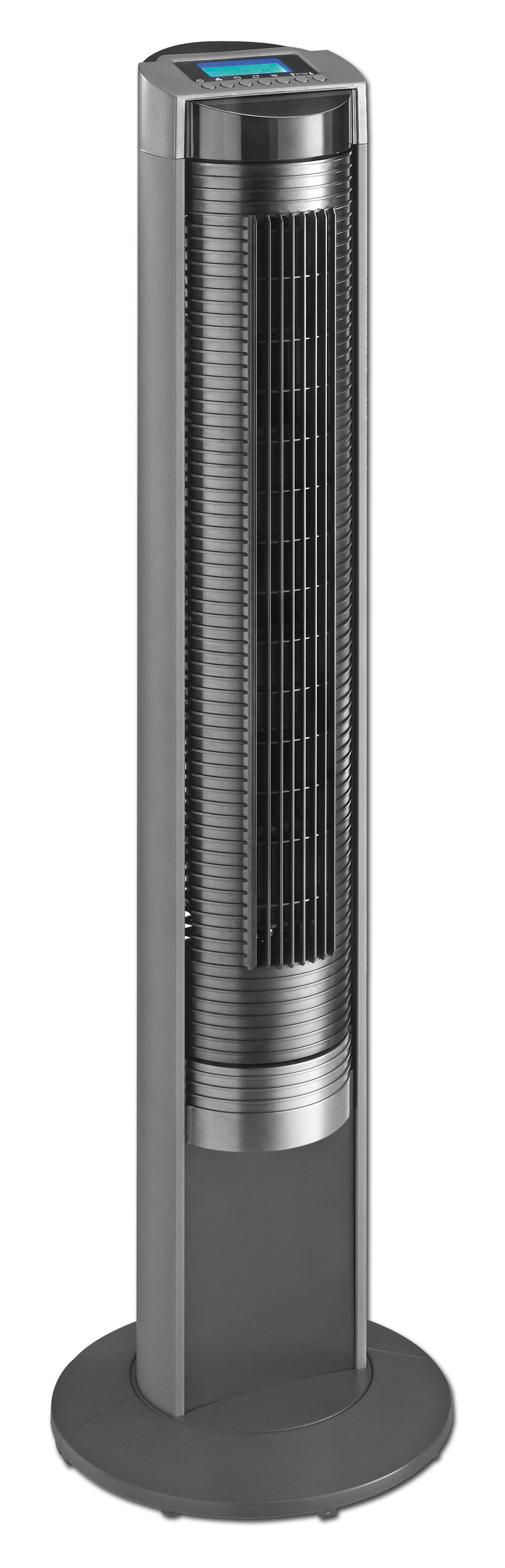 Un ventilatore a torre grigio su sfondo bianco. Ha un display digitale e fessure verticali.