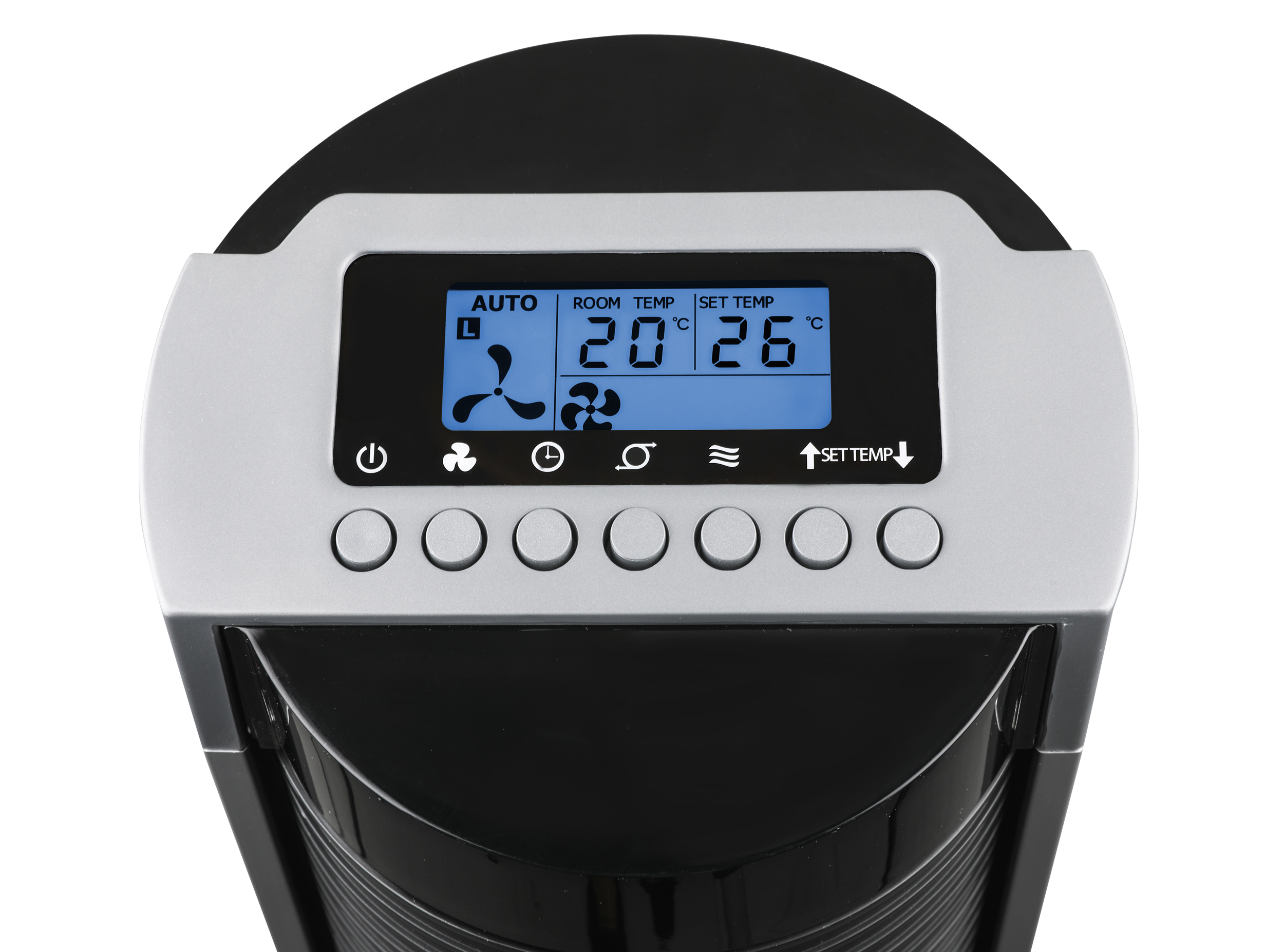 Primo piano di un elettrodomestico nero e argento. Ha un display digitale che mostra le temperature ambiente e impostata, e pulsanti.