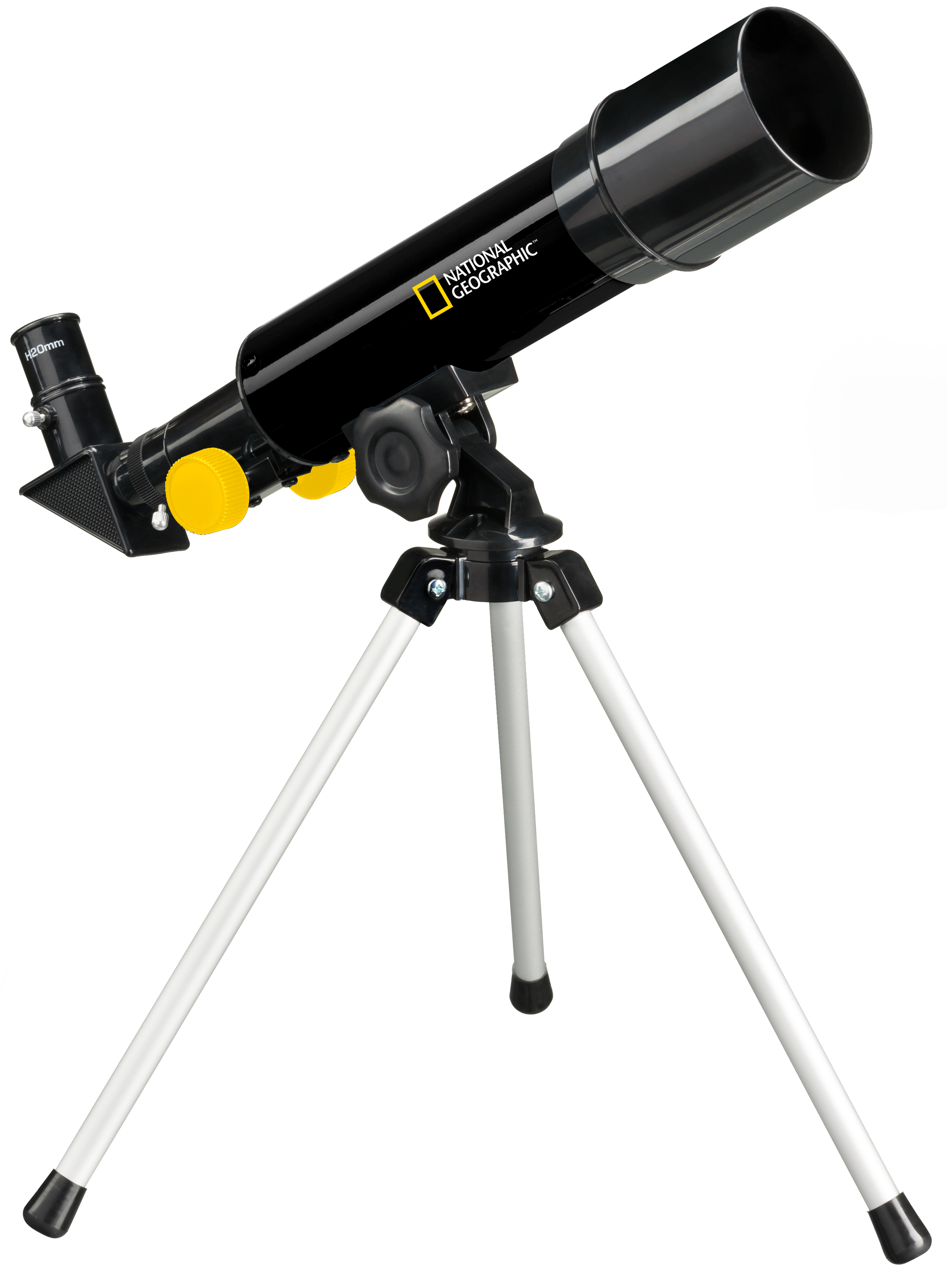 Telescopio National Geographic negro sobre un trípode blanco. Tiene perillas amarillas.