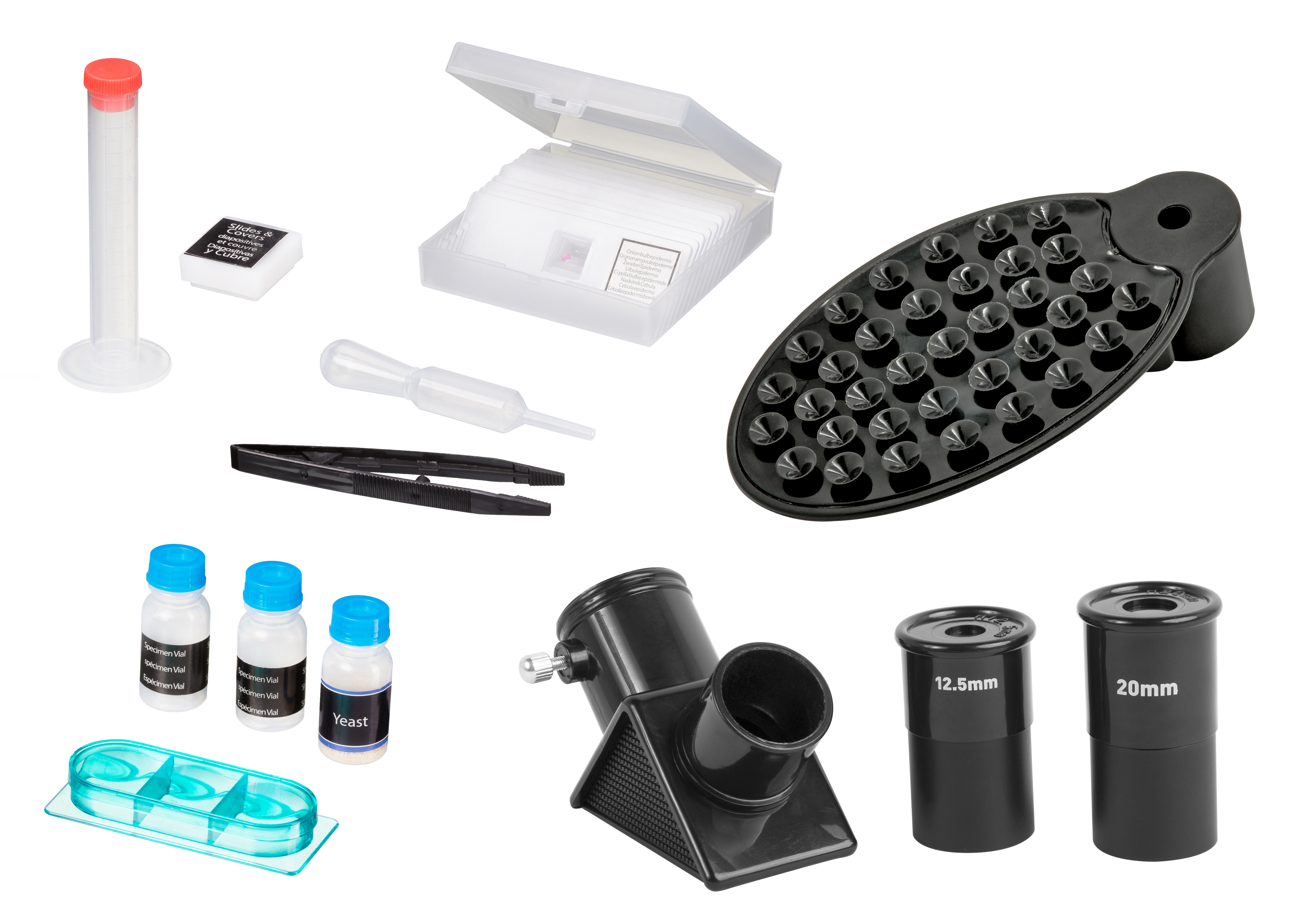 Juego de microscopio. Incluye portaobjetos, viales, pinzas y otros equipos de laboratorio.