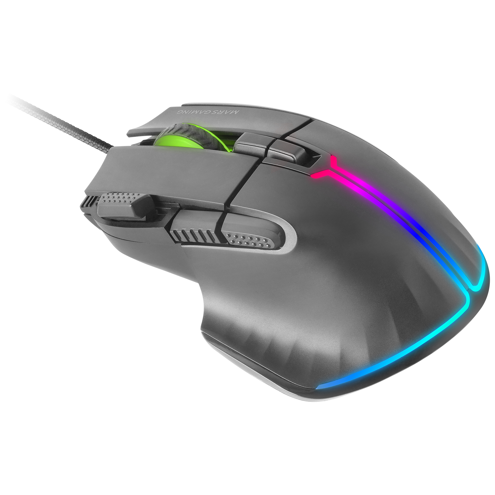 Gaming-Maus, grau mit grünem Scrollrad und RGB-Beleuchtung an der Seite.