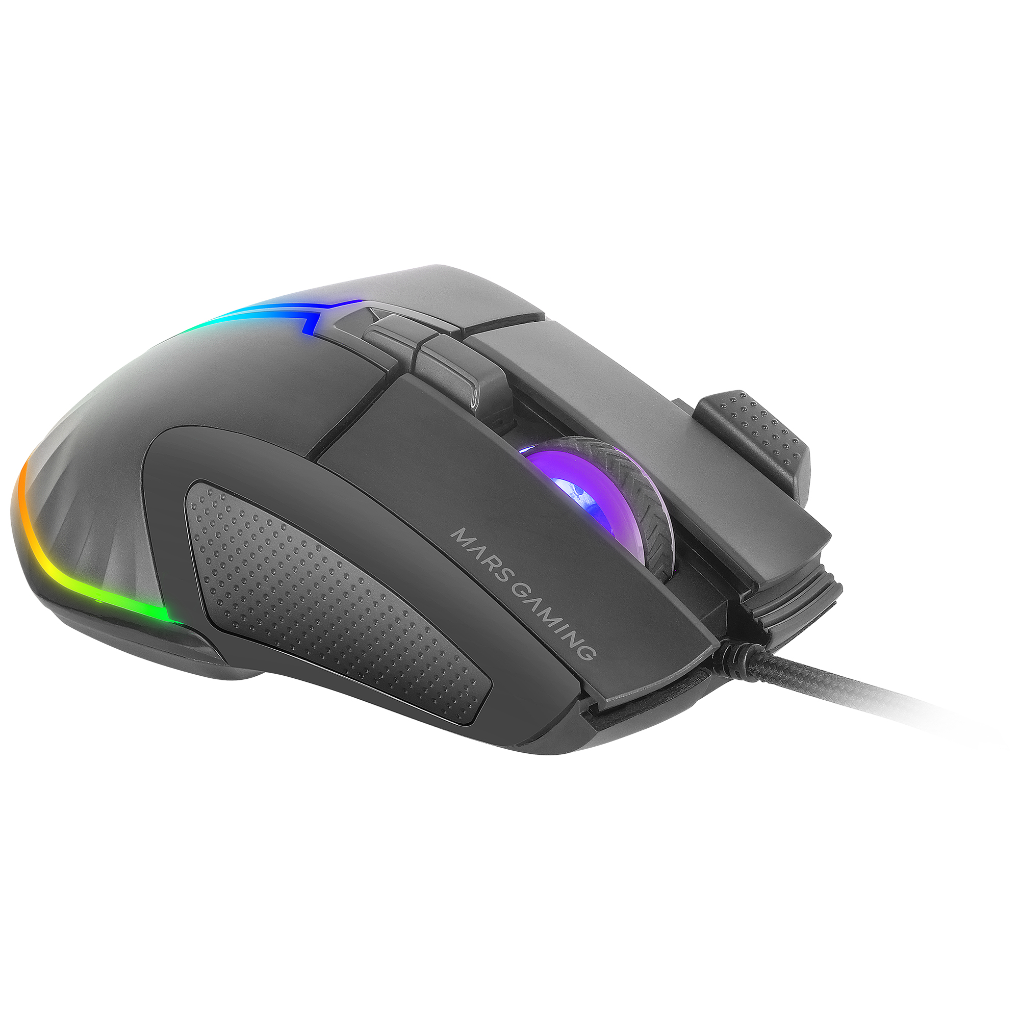 Schwarze Gaming-Maus mit RGB-Beleuchtung, mehreren Tasten und kabelgebundener Verbindung.
