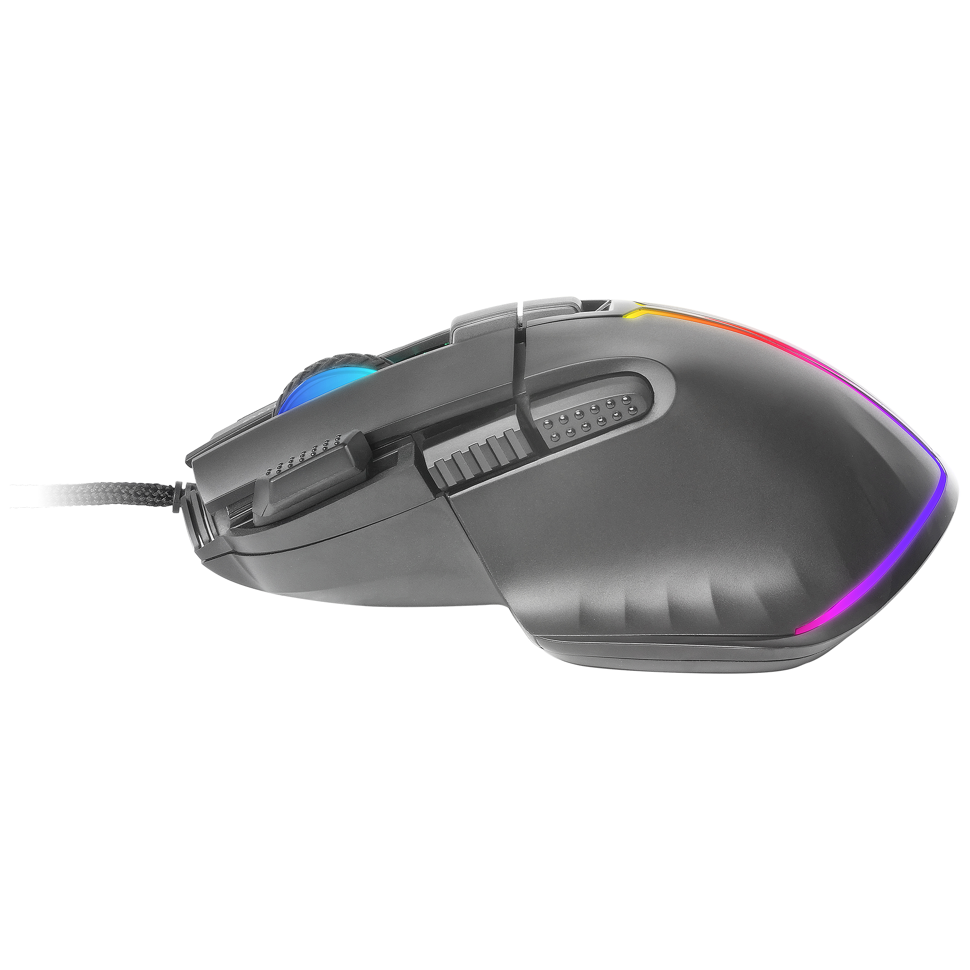 Graue Gaming-Maus mit Farblicht und Kabel, Seitentasten sichtbar.