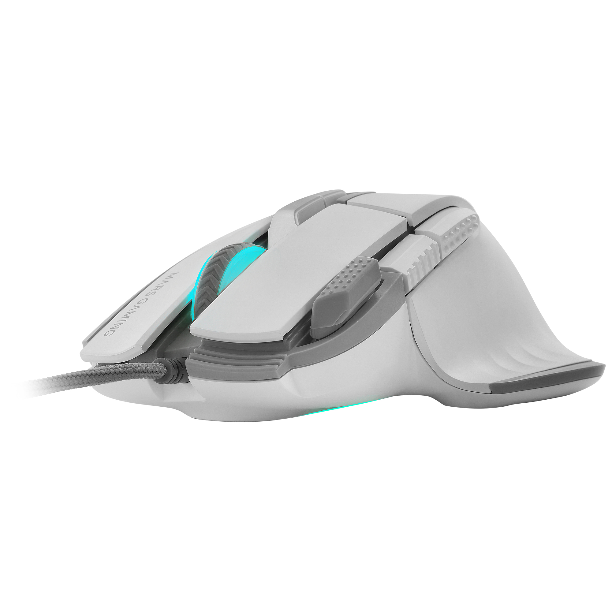 Witte en grijze gamingmuis. Het heeft zijknoppen en een bedrade verbinding.