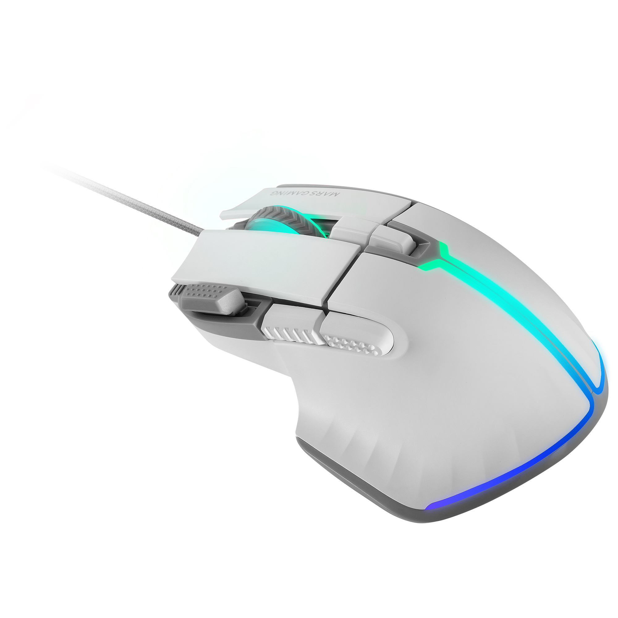 Witte en grijze gaming muis met RGB-verlichting, een scrollwiel en zijknopen.