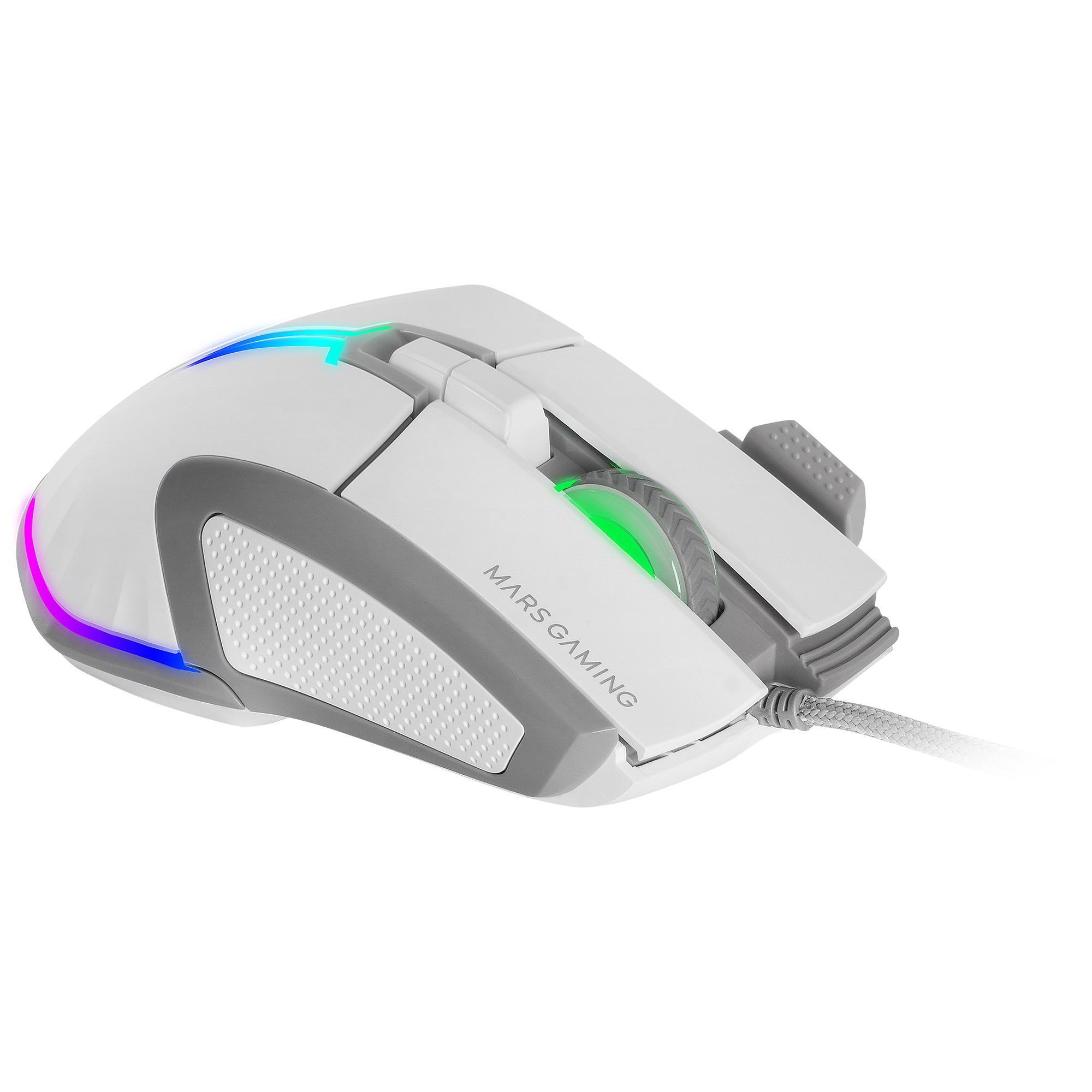 Witte en grijze gamingmuis met RGB-verlichting. Heeft knoppen en een scrollwiel.