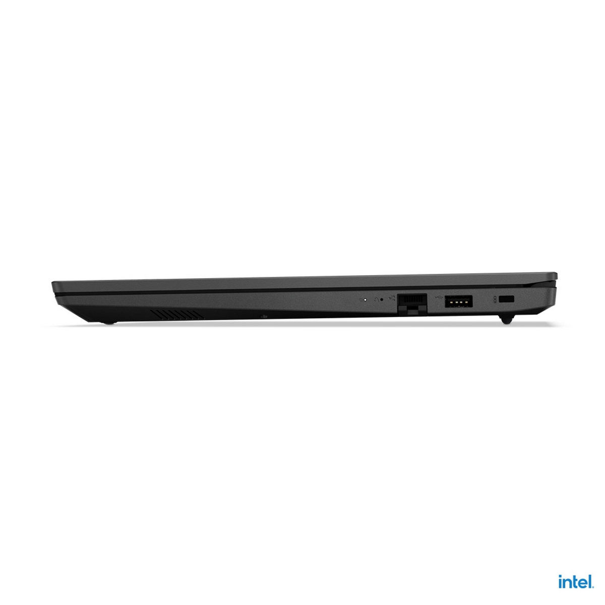 Vista laterale di un laptop nero con porte e il logo Intel su sfondo bianco.