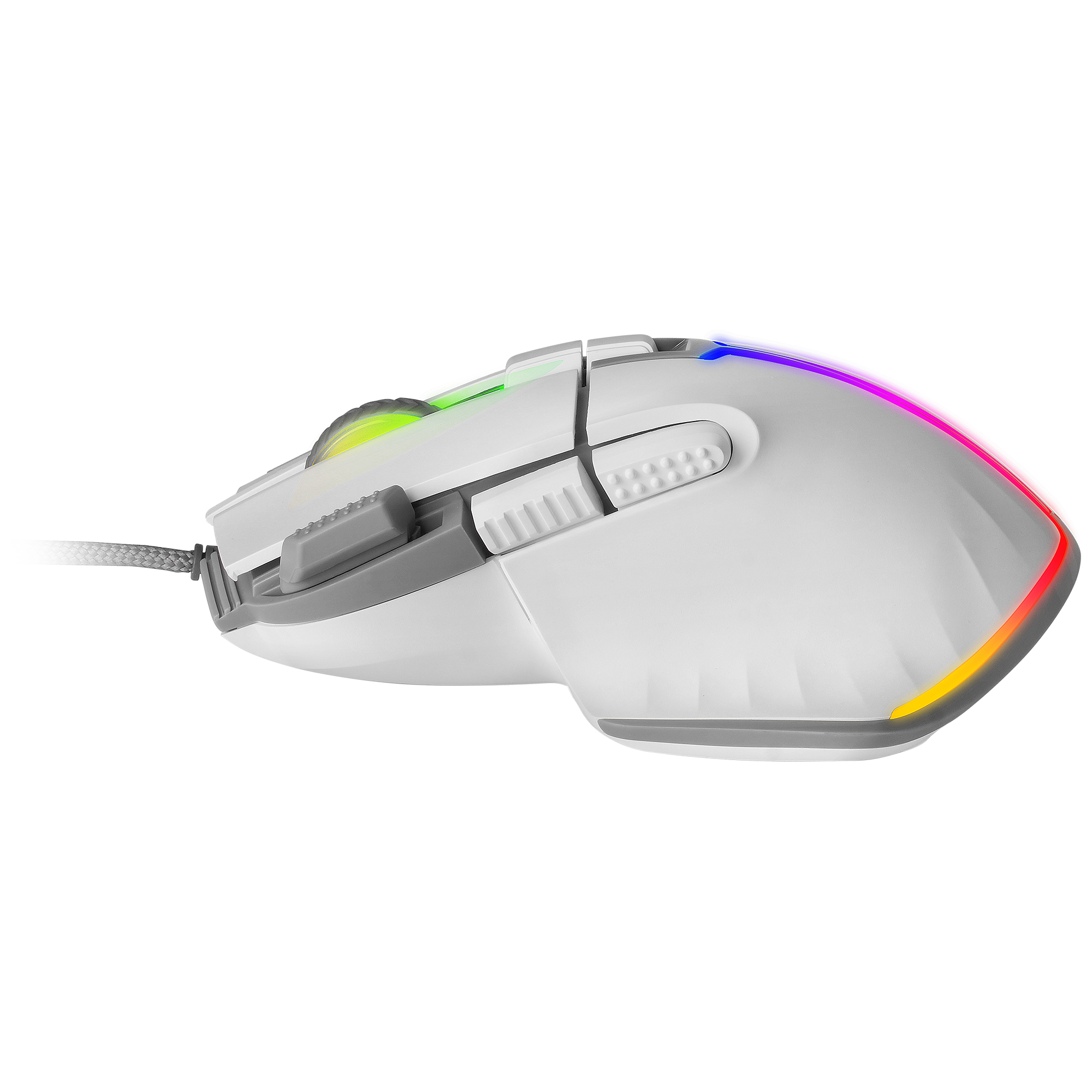 Witte gaming muis met RGB verlichting. De muis heeft zijknoppen en een bedrade verbinding.