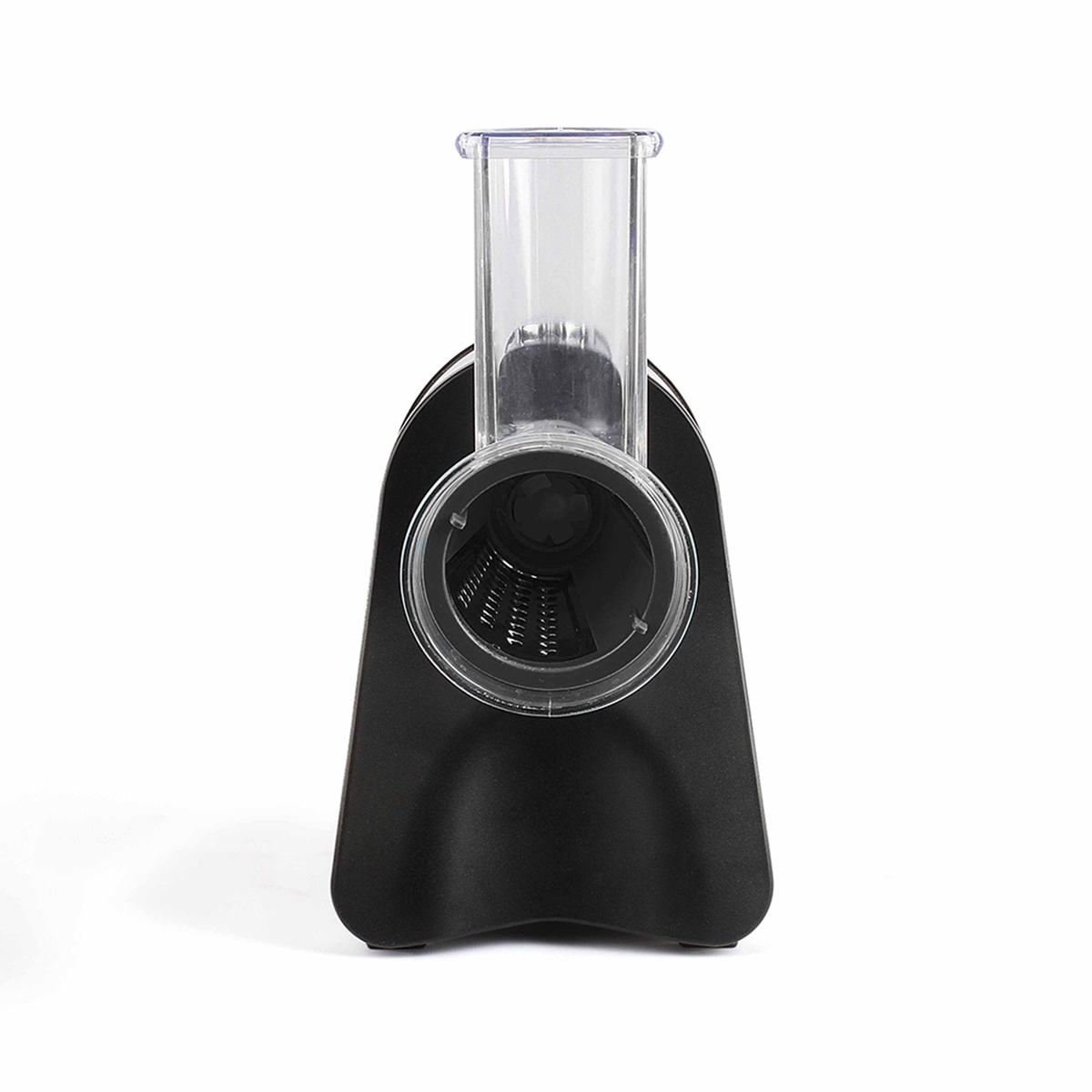 Black food processor with a transparent top section, standing on white surface.