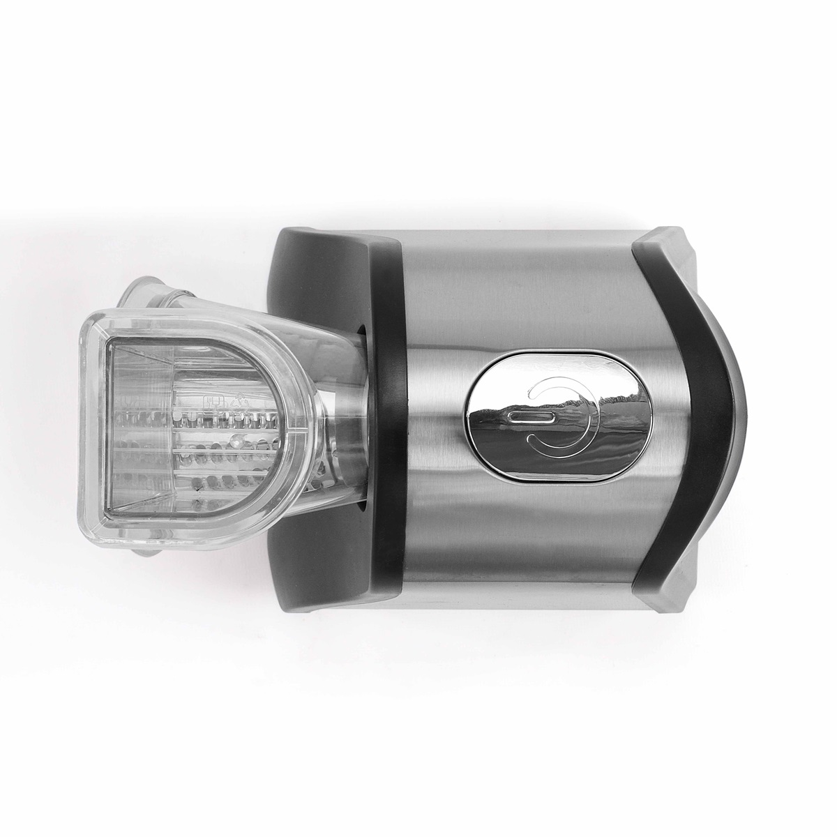A silver and black kitchen appliance, with a transparent component. The appliance is on a white surface.