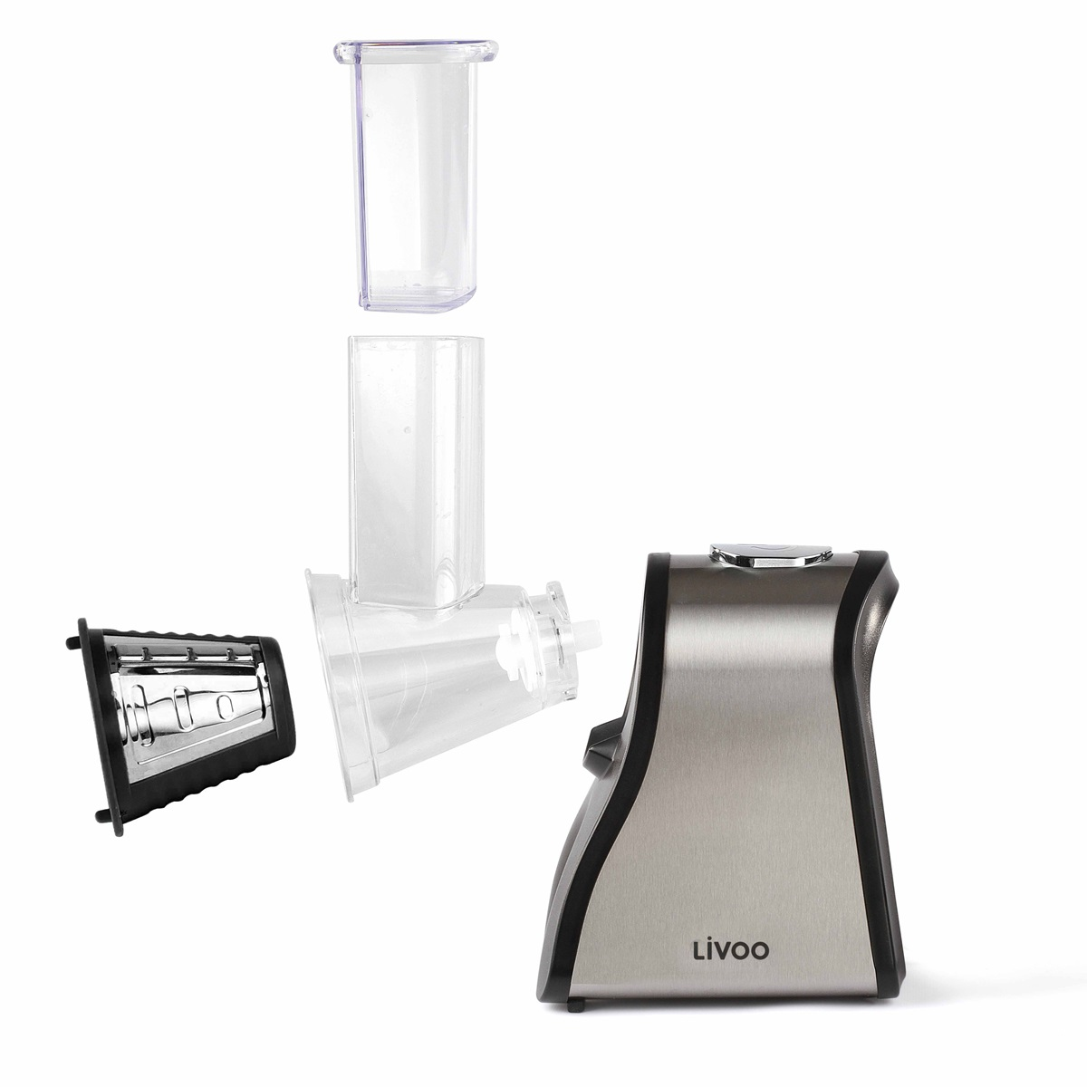 A silver and black food processor disassembled on a white surface, with clear plastic parts.