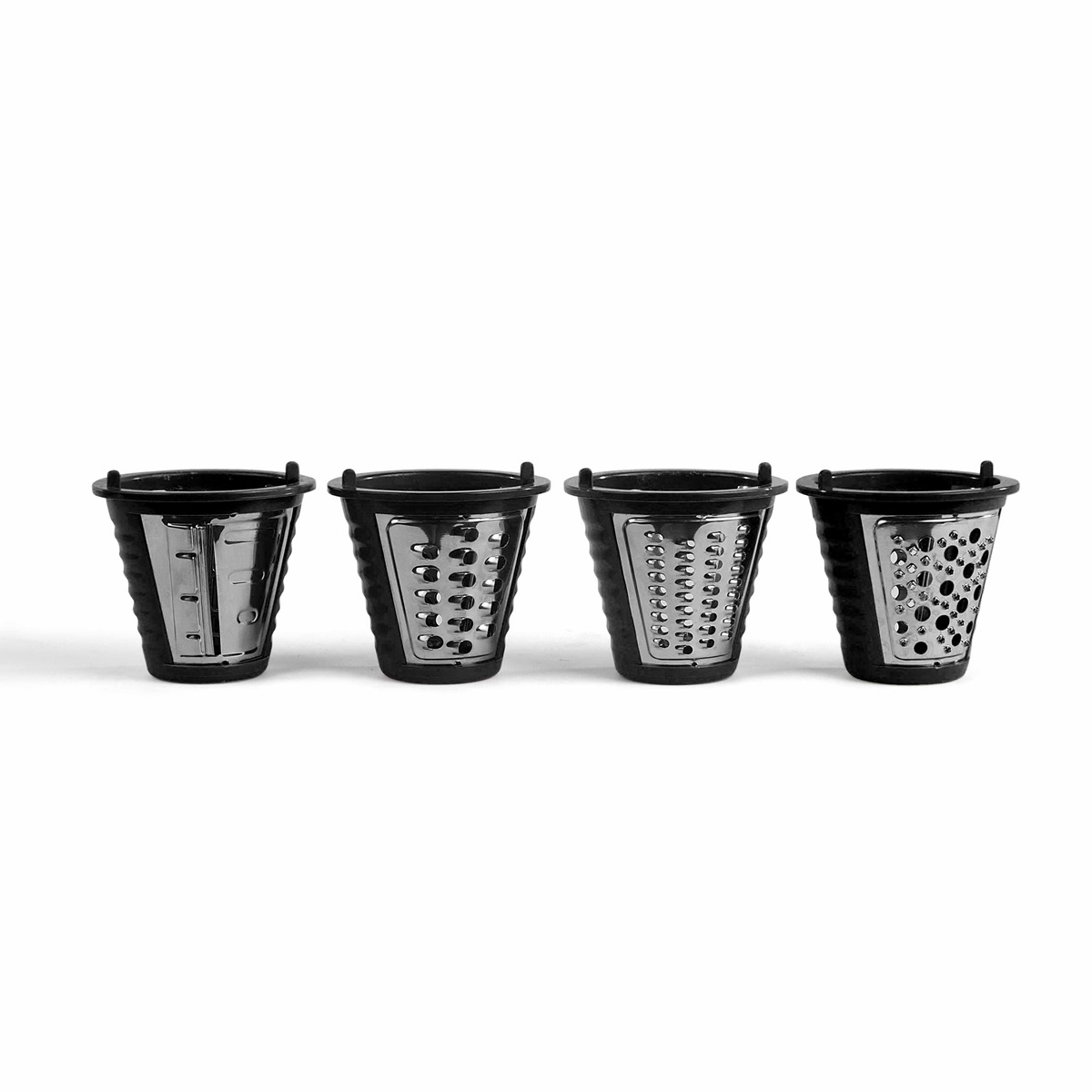 Four black grater attachments with different blade patterns, arranged in a row on white.