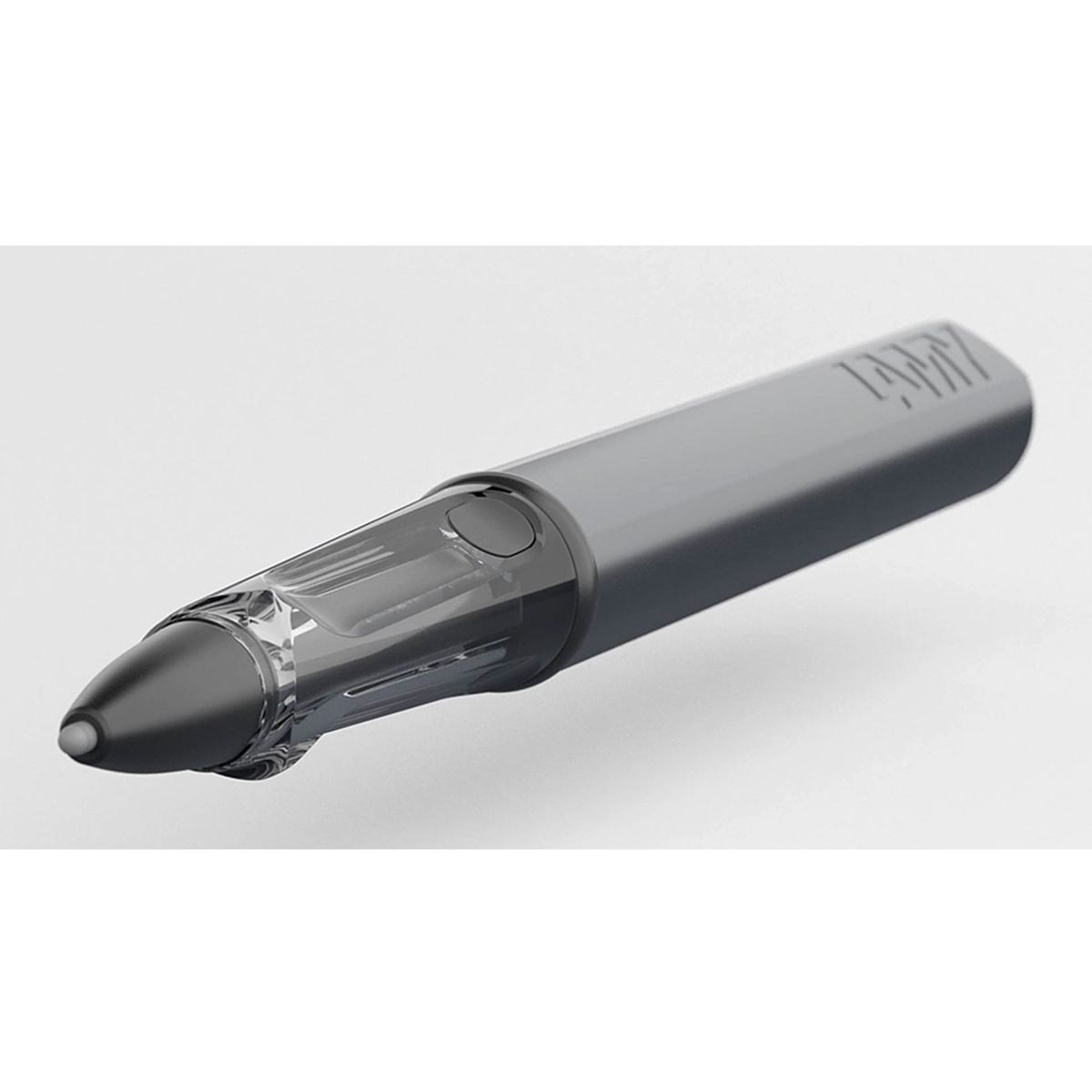 Ein grauer LAMY-Stift mit durchsichtigem Bereich an der Spitze, vor weißem Hintergrund.