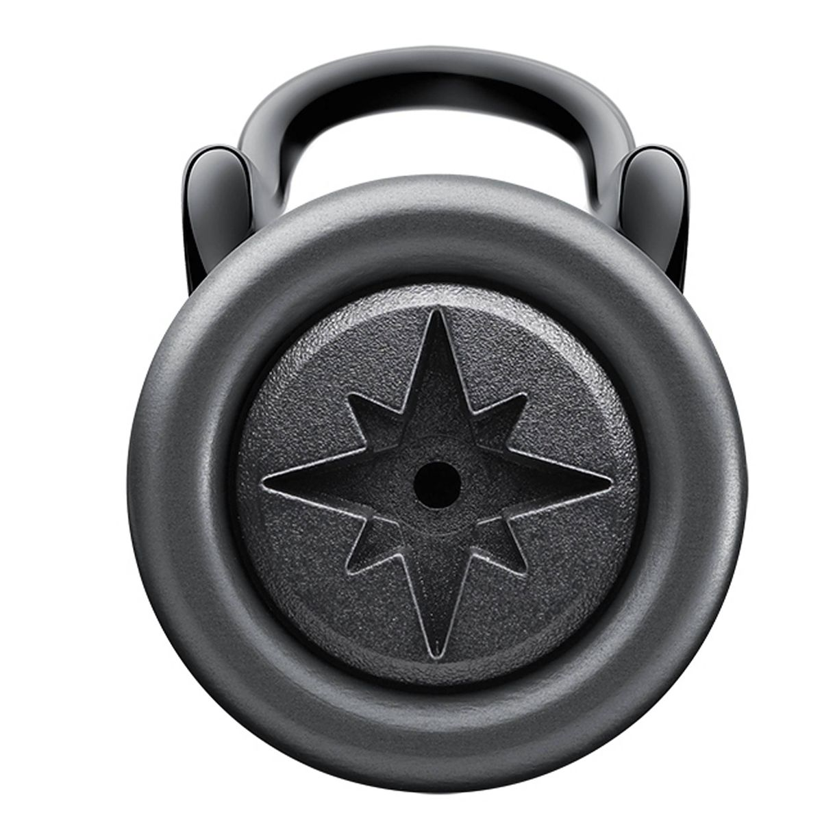 Eine schwarze Kettlebell mit Sternenmuster in der Mitte. Der Griff ist schwarz und rund. Der Hintergrund ist weiß.