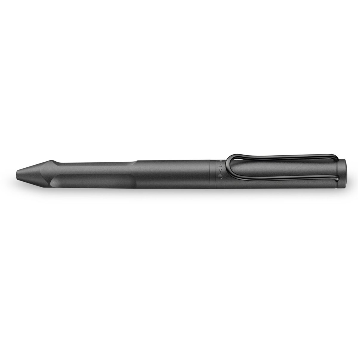 Ein schwarzer Stift mit Clip, der horizontal liegt.