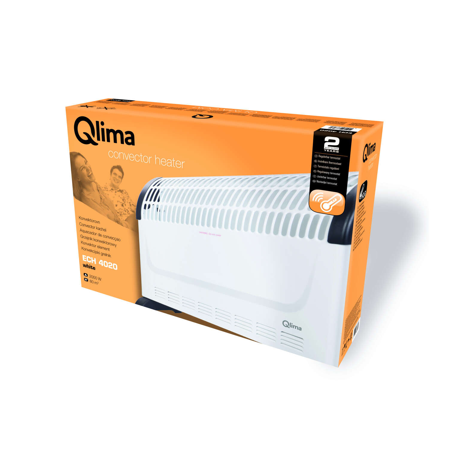 Biały grzejnik konwektorowy w pudełku. Pudełko pokazuje zdjęcia ludzi i produktu.