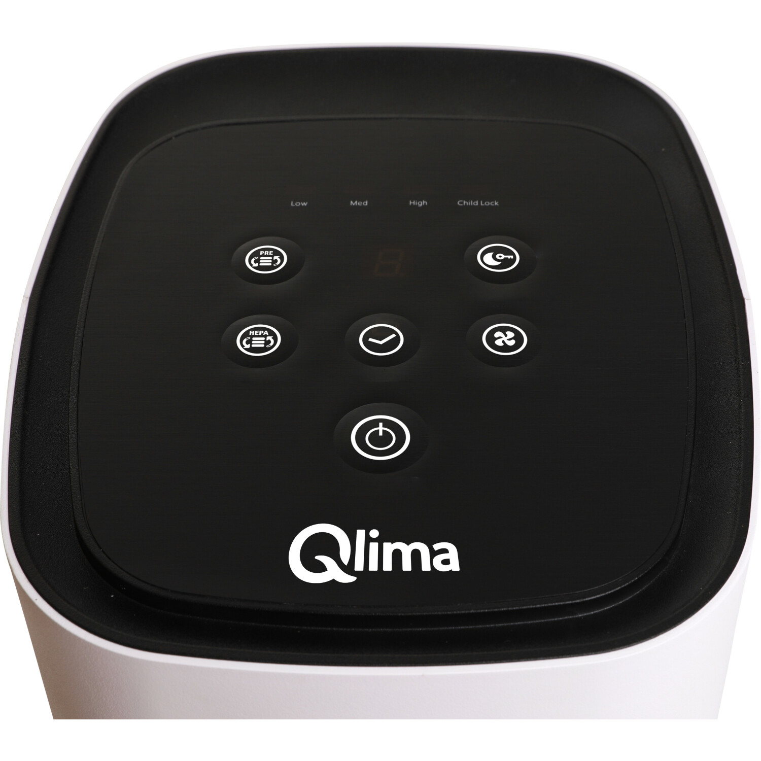 Pannello di controllo del purificatore d'aria. Ha pulsanti per le impostazioni low, med, high e child lock.