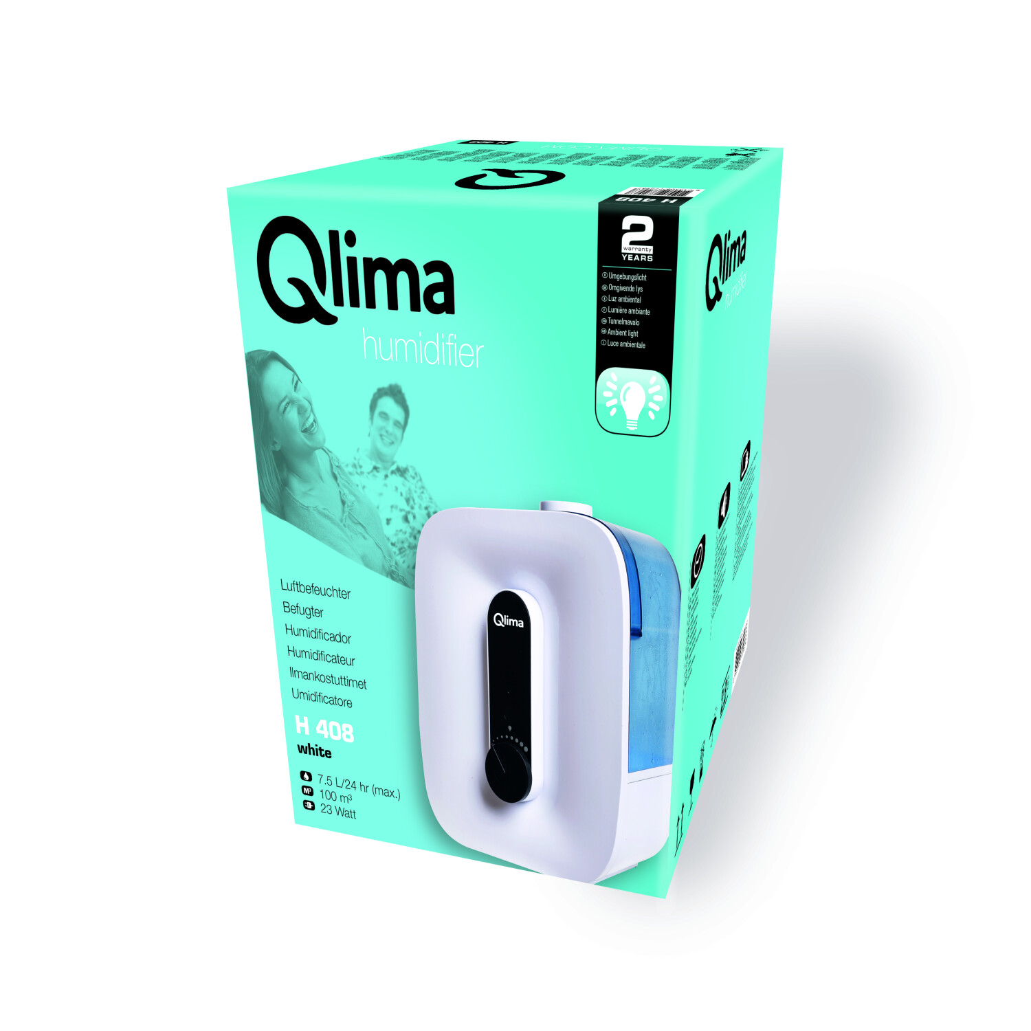 Biało-niebieskie pudełko nawilżacza Qlima ze zdjęciem produktu i informacjami.