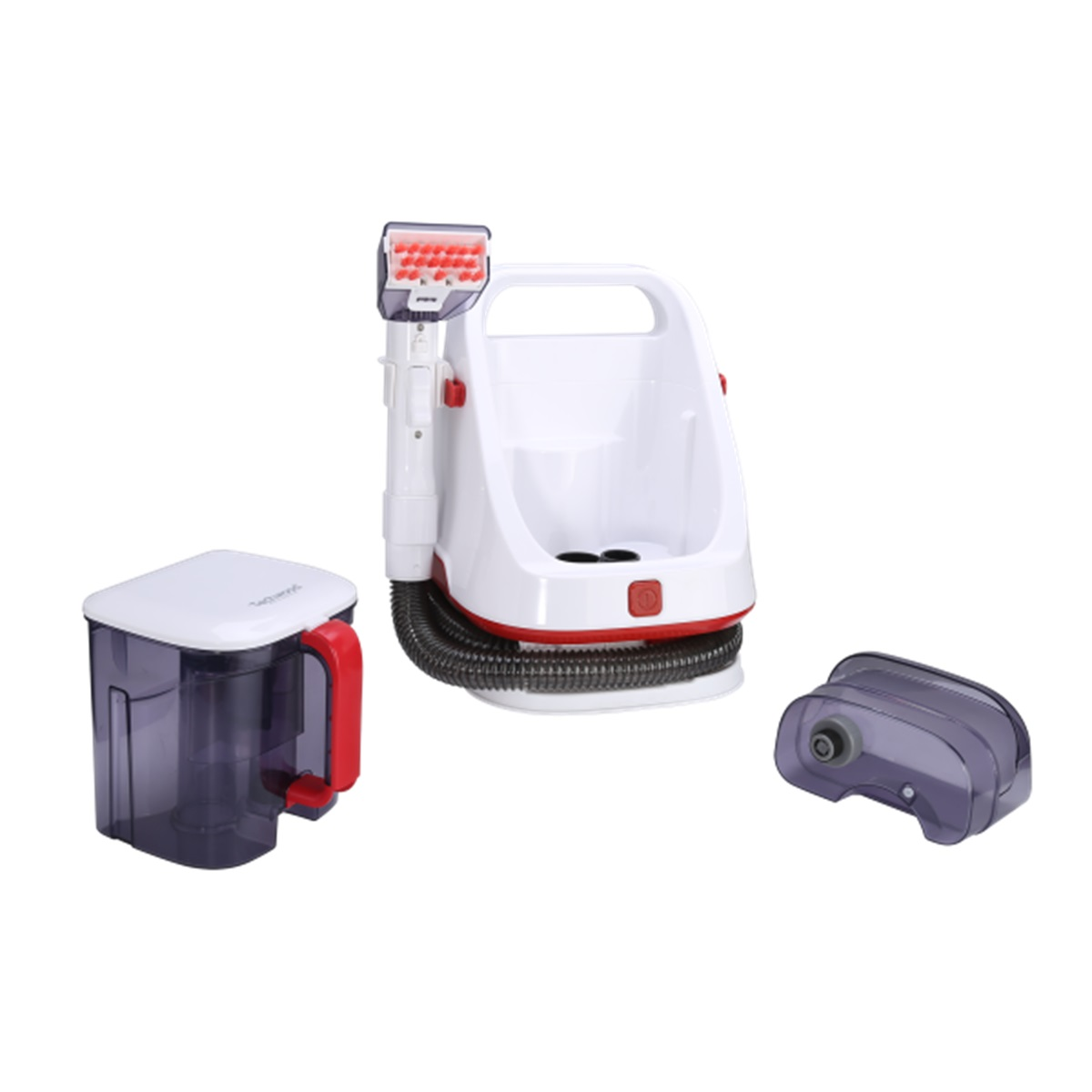 White and red carpet cleaner and attachments. The cleaner has a handle and a nozzle.
