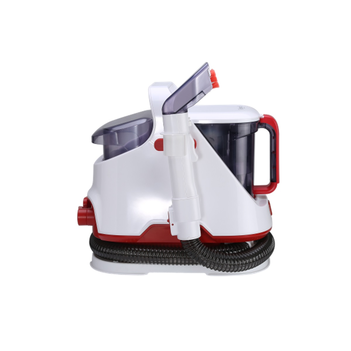 White and red carpet cleaner with a hose, tanks, and brushes.