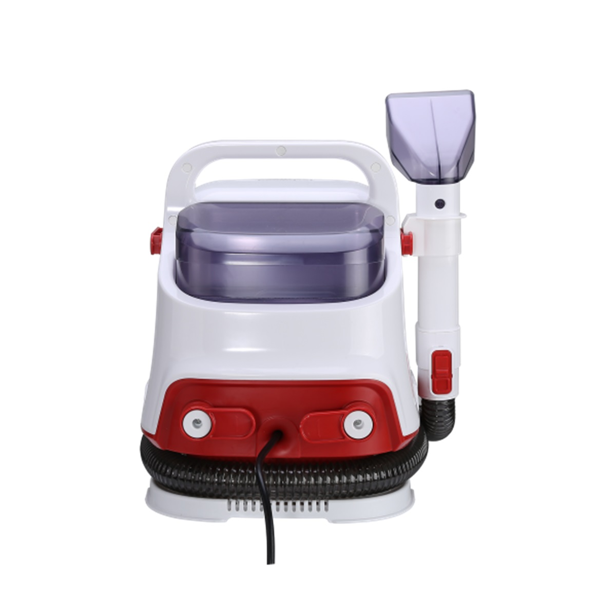 A white and red carpet cleaner is shown, with a purple container.