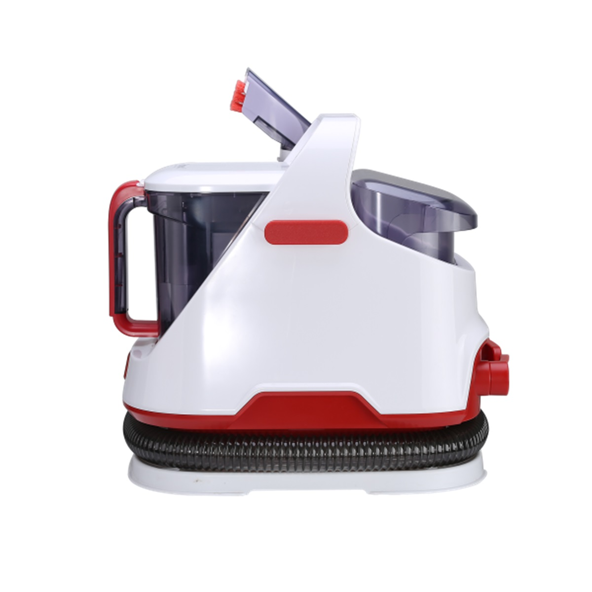A white and red carpet cleaner. It has red handles and a hose attachment. The top is open.