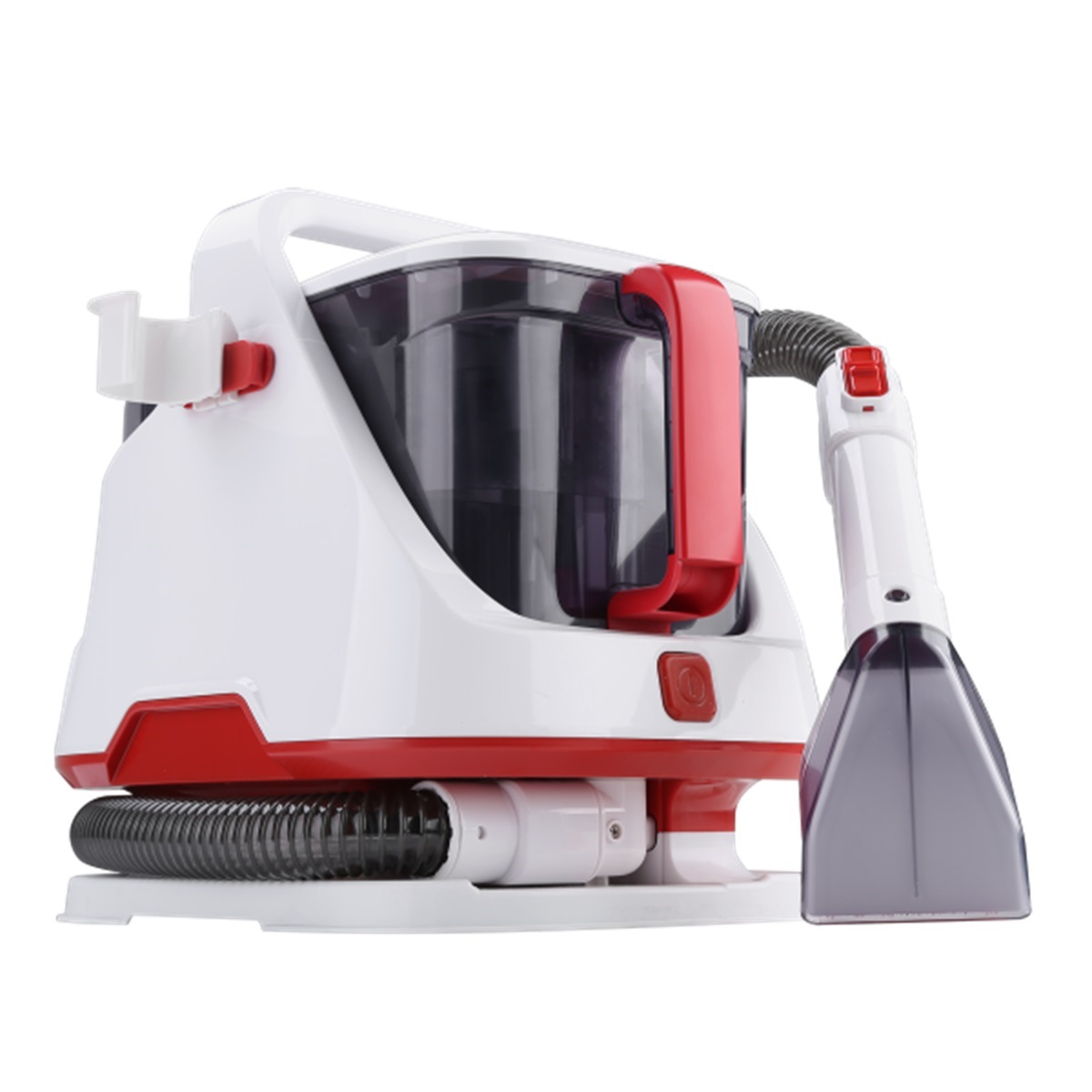 A white and red carpet cleaner vacuum on a white background. It has a handle and a nozzle.