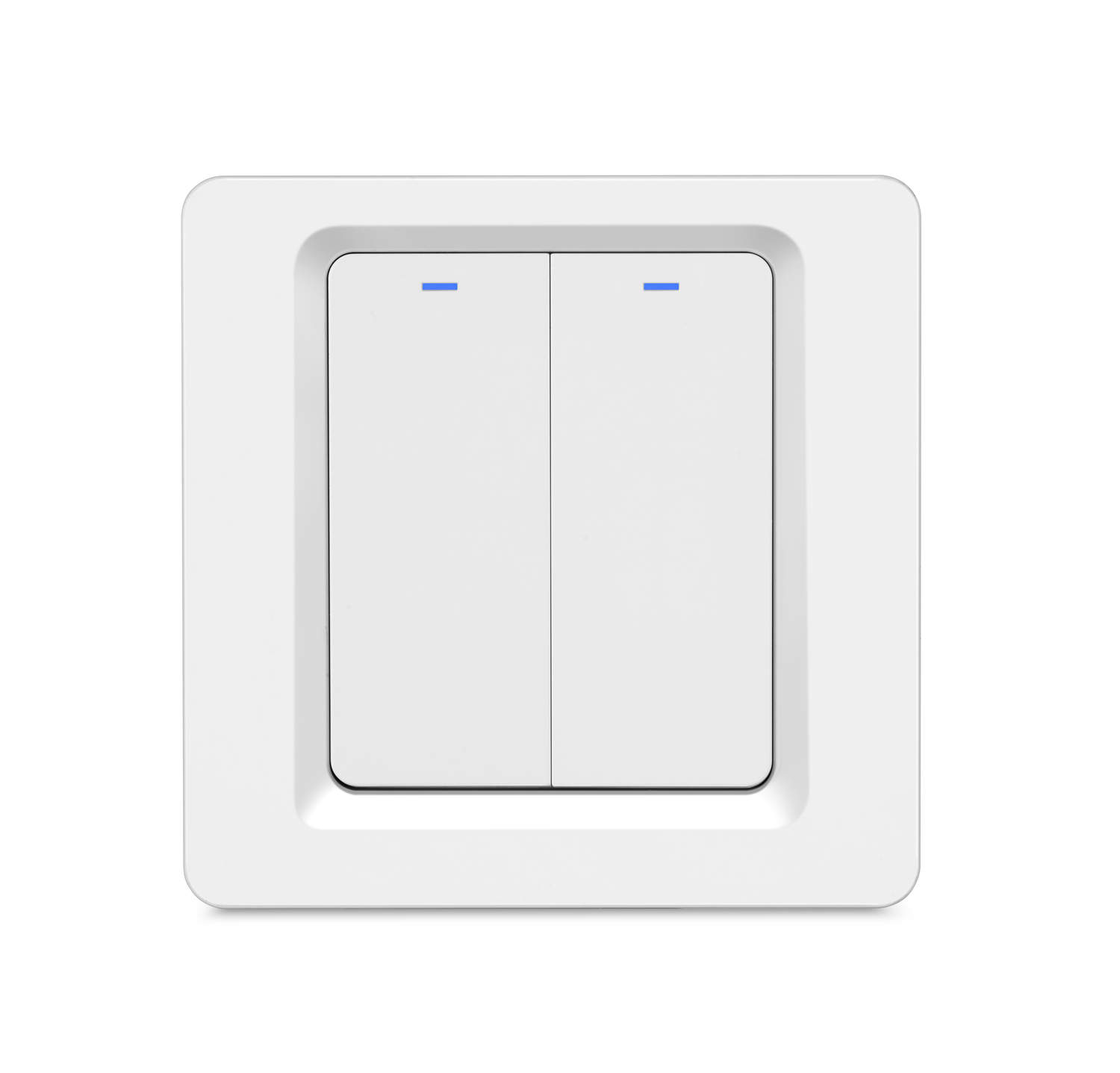 A white light switch with two buttons. Each button has a blue light indicator.